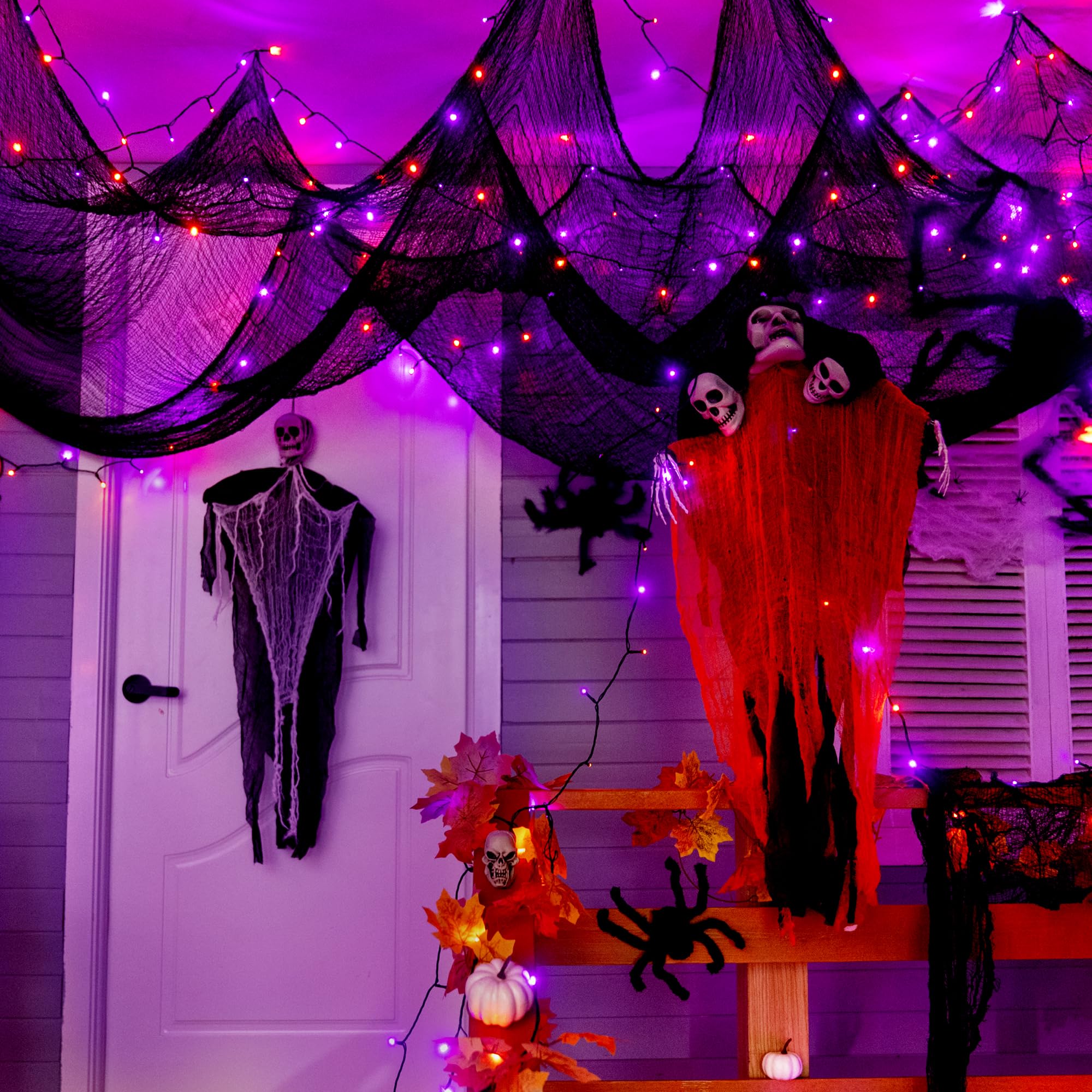 Ollny Halloween Lights 150LED 49FT, Orange and Purple String Lights with Creepy Cloth(315 x 85 in), Battery Operated Fairy Light