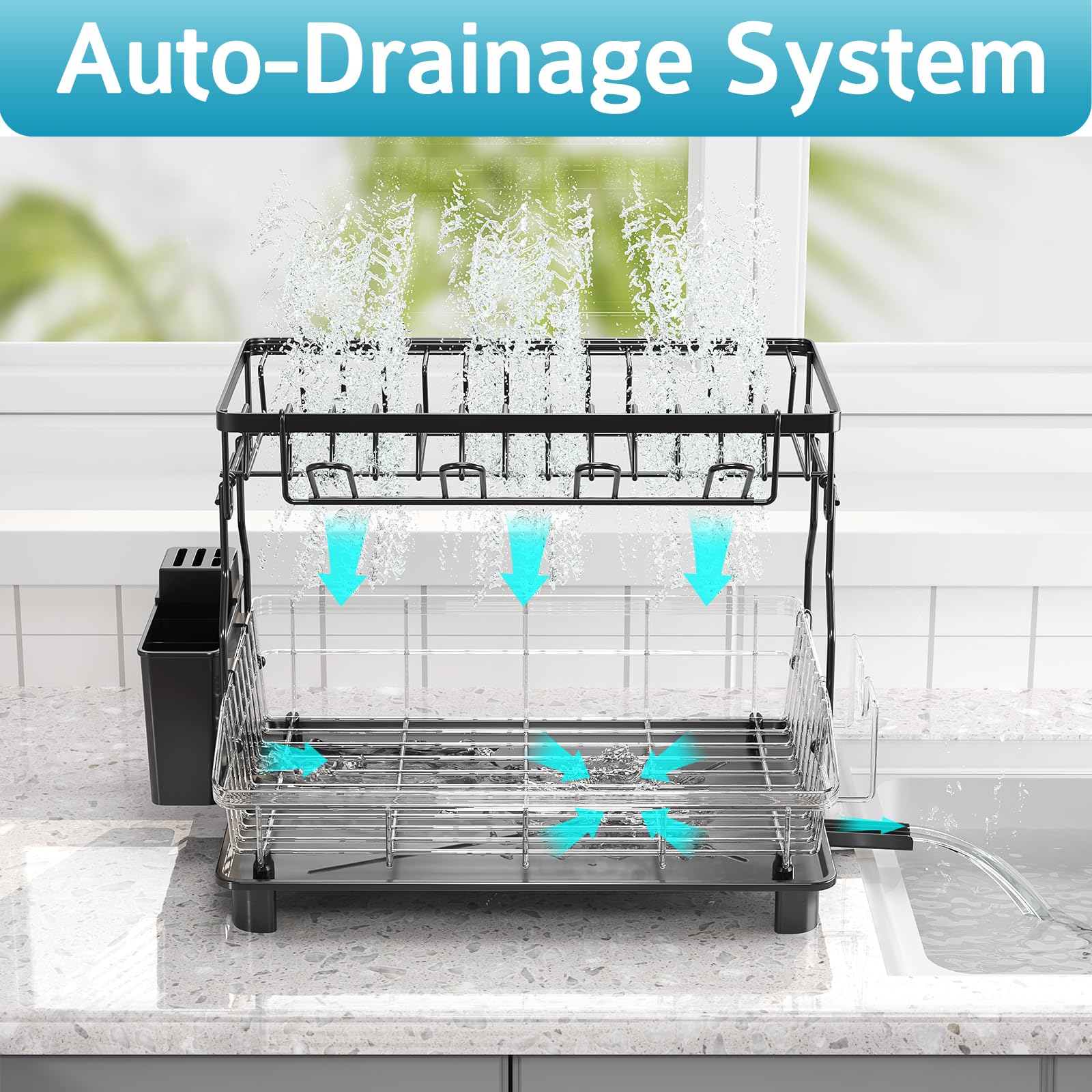 Ricobes Dish Drying Rack - 2 Tier Large Capacity Dish Rack- Dish Racks For Kitchen Counter With Drainboard, Rustproof Dish Drain