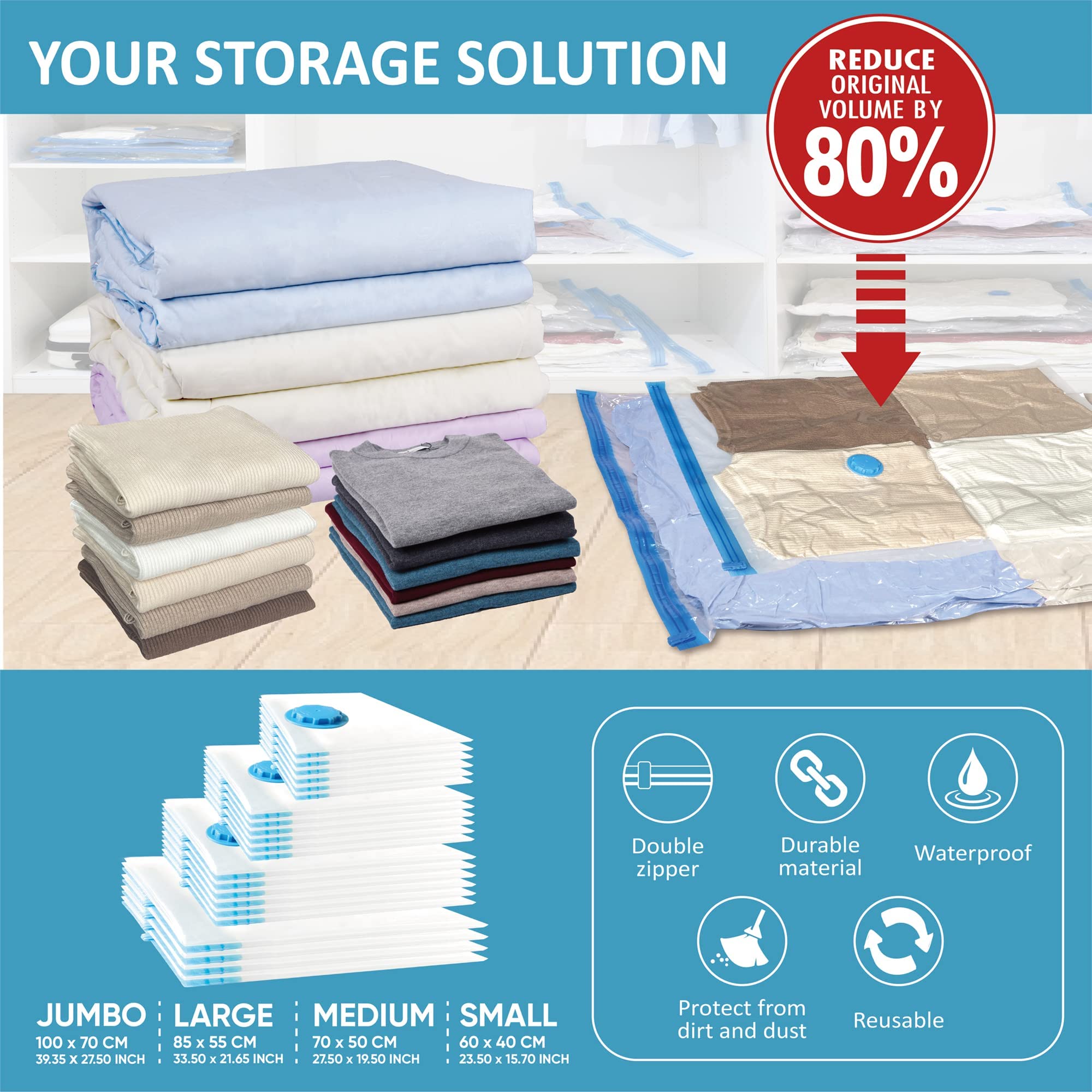 22 Space Saver Vacuum Storage Bags  Vacuum Sealed Storage Bags (4 Jumbo/6 Large/6 Medium/6 Small) with Hand Pump  Vacuum Seal Bags for Clothing  Comforters  Pillows  Towel  Blanket Storage  Bedding