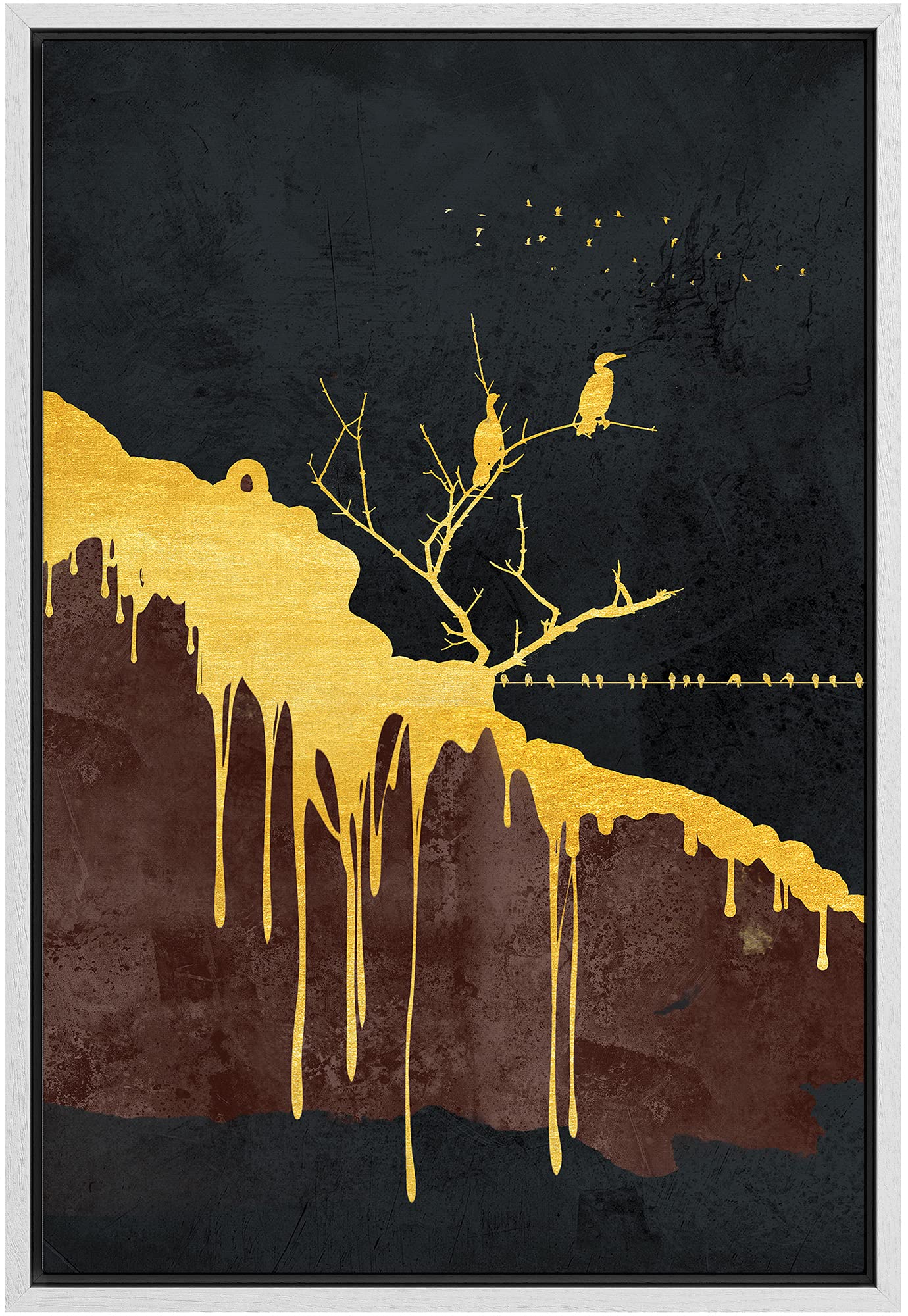 Signford Canvas Print Wall Art Dripping Gold Foil Tree With Birds On Branches Abstract Shapes Illustrations Modern Art Alternati