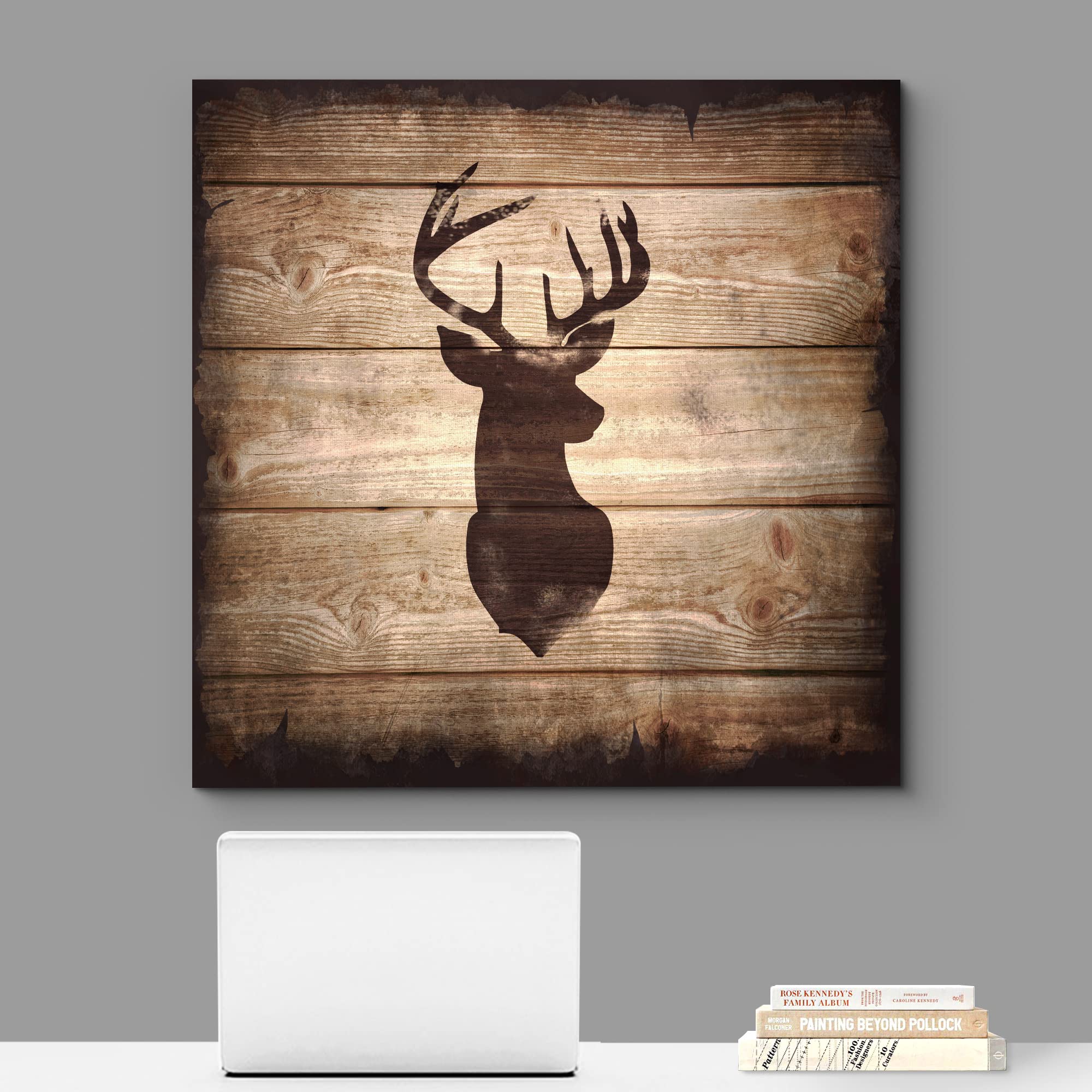 Wall26 - Square Canvas Wall Art - Deer With Antler Silhouette On Rustic Wood Board Texture Background - Giclee Print Gallery Wra