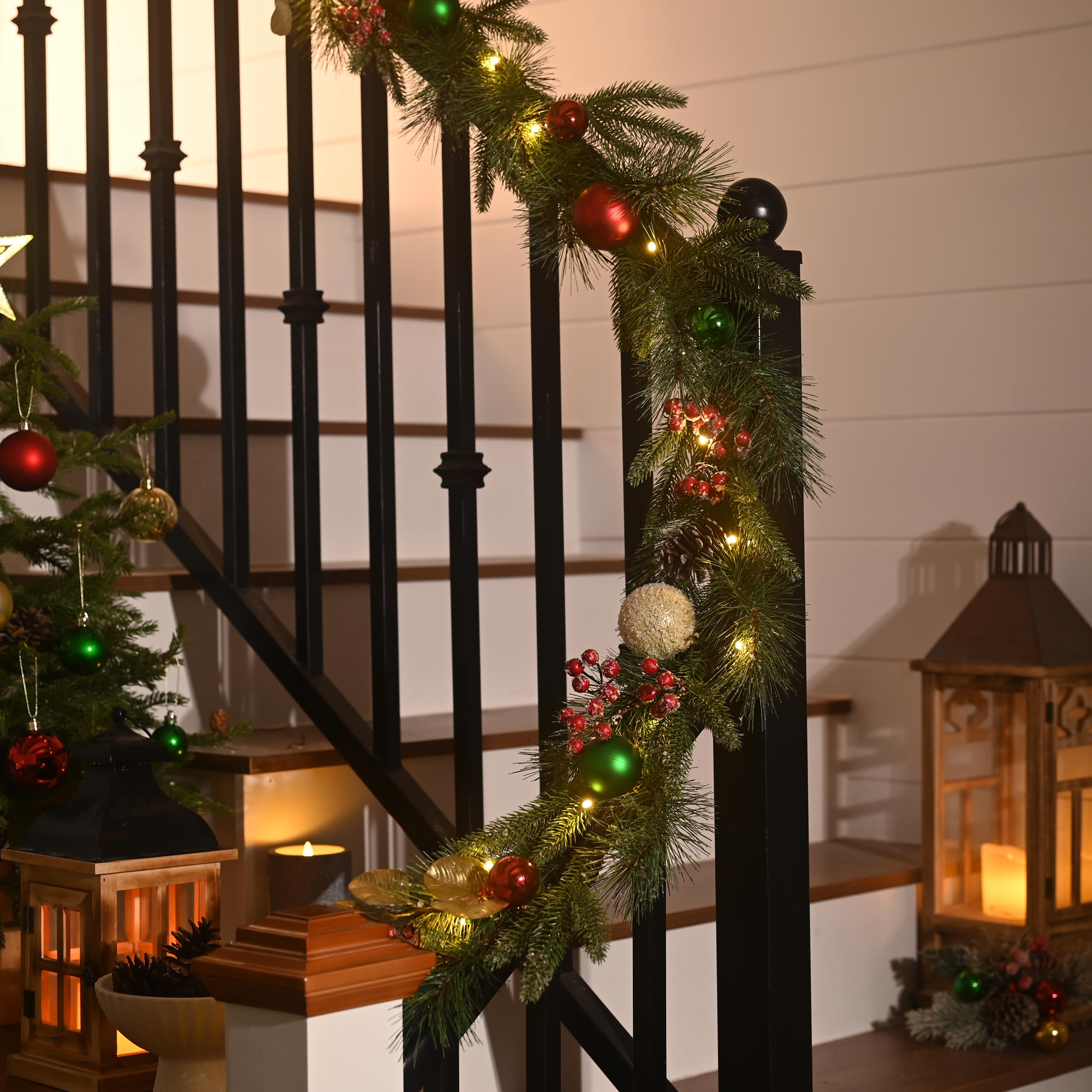 Valery Madelyn 9 Ft Pre-Lit Christmas Garland with Light for Mantle, Lighted Outdoor Xmas Garland with Red Green Gold Ball Norfo