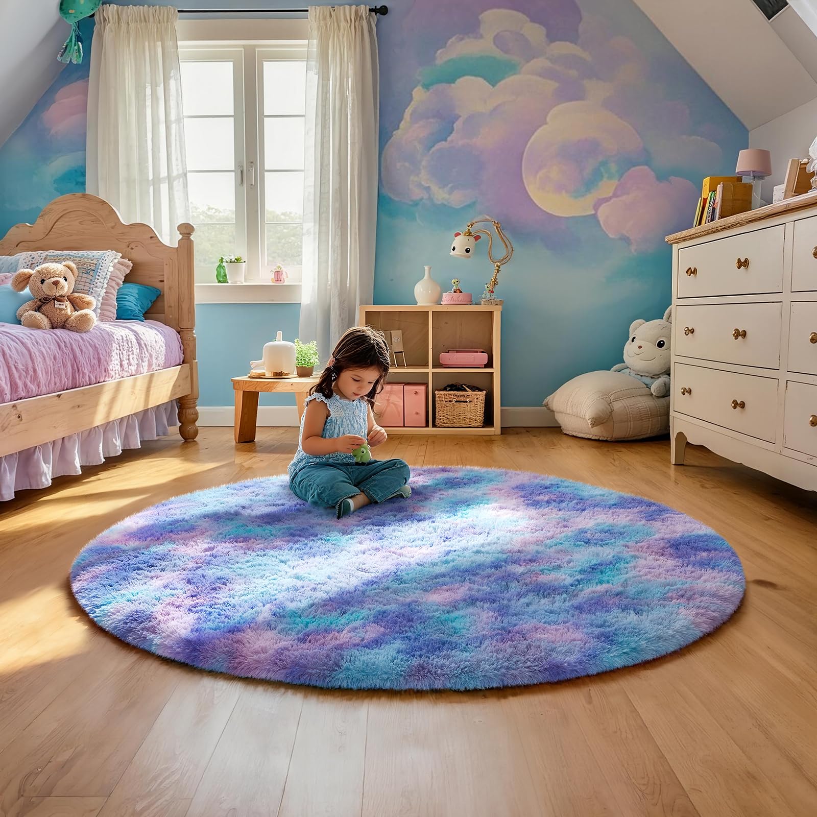 Ophanie Round Rug 4Ft Tie-Dye Rainbow Purple Circle Area Rug, Fluffy Fuzzy Bedroom Carpet, Plush Soft Shaggy Indoor Floor Colorf