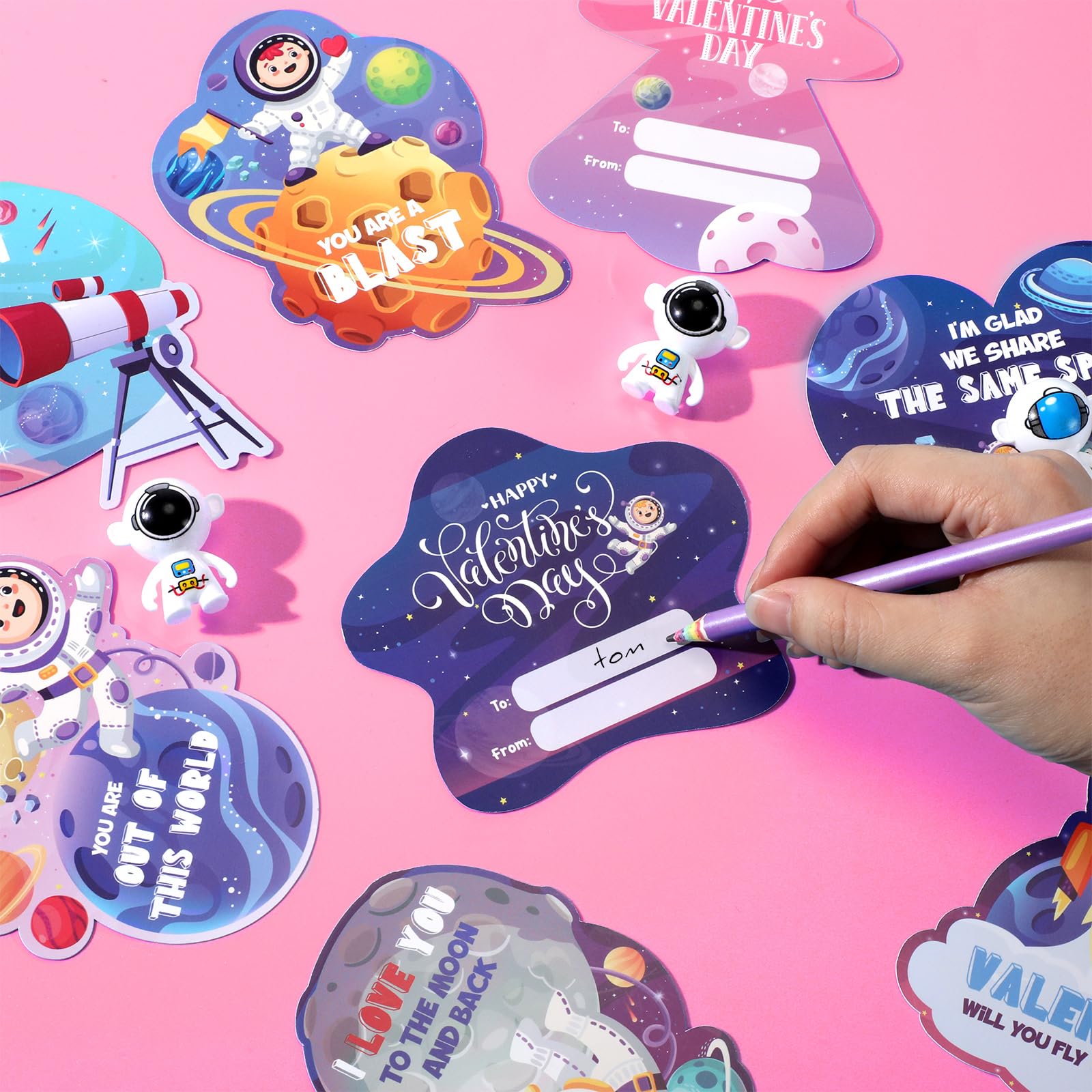 Pasimy 36 Sets Valentines Toys With Cards For Classroom Outer Space Tumbler Bulk Mini Astronaut Exchange Gifts Novelty Planets S