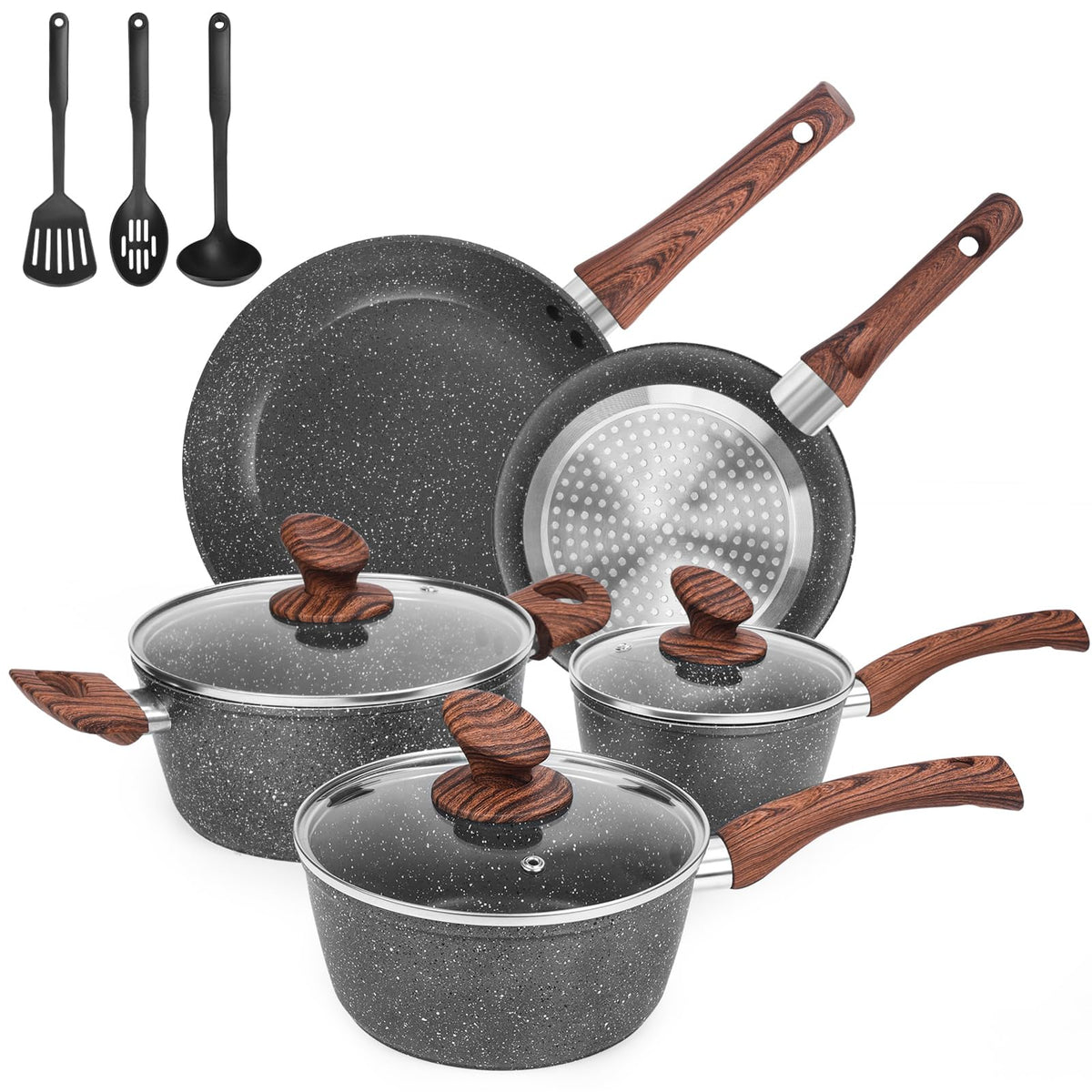 M MELENTA Granite Pots and Pans Set Ultra Nonstick, 11 Piece Die-Cast Cookware Sets with Frying Pan, Sauce Pan, Stockpot, Stay C