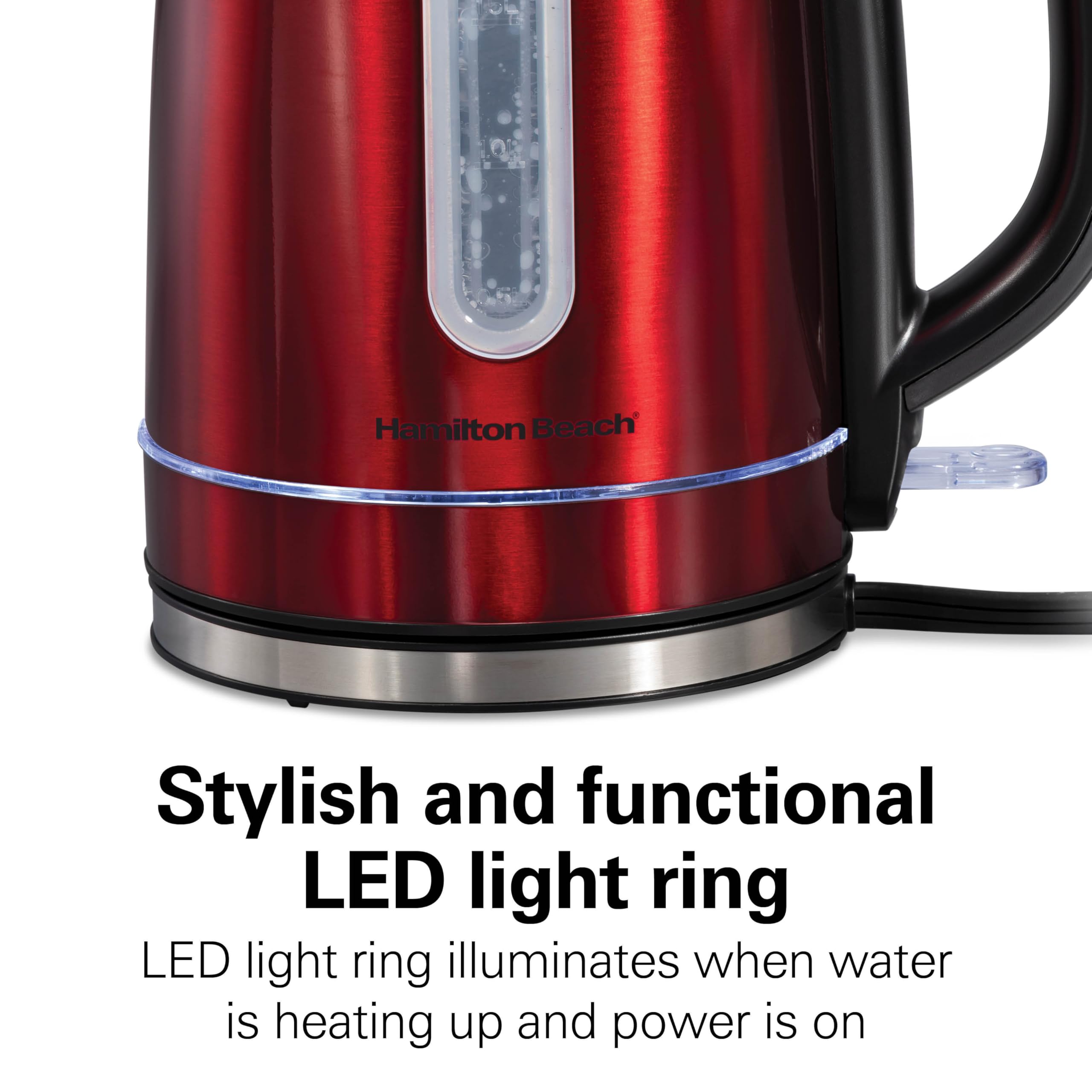 Hamilton Beach Electric Tea Kettle 1.7L Cordless Water Boiler, Stainless Steel, Red with LED Light Ring, Model 41060