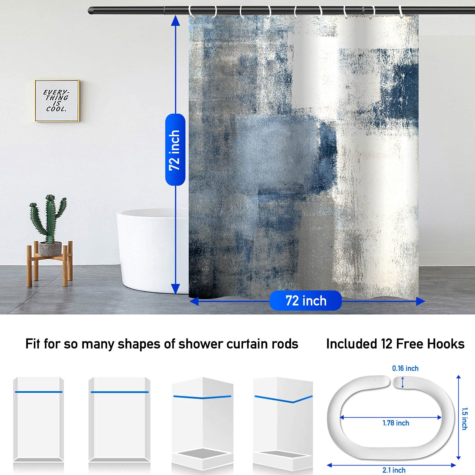 4Pcs Grey Bathroom Shower Curtain Sets with Rugs  Blue and Grey Abstract Painting Gray Retro Bathroom Sets with Shower Curtain and Rugs and Accessories