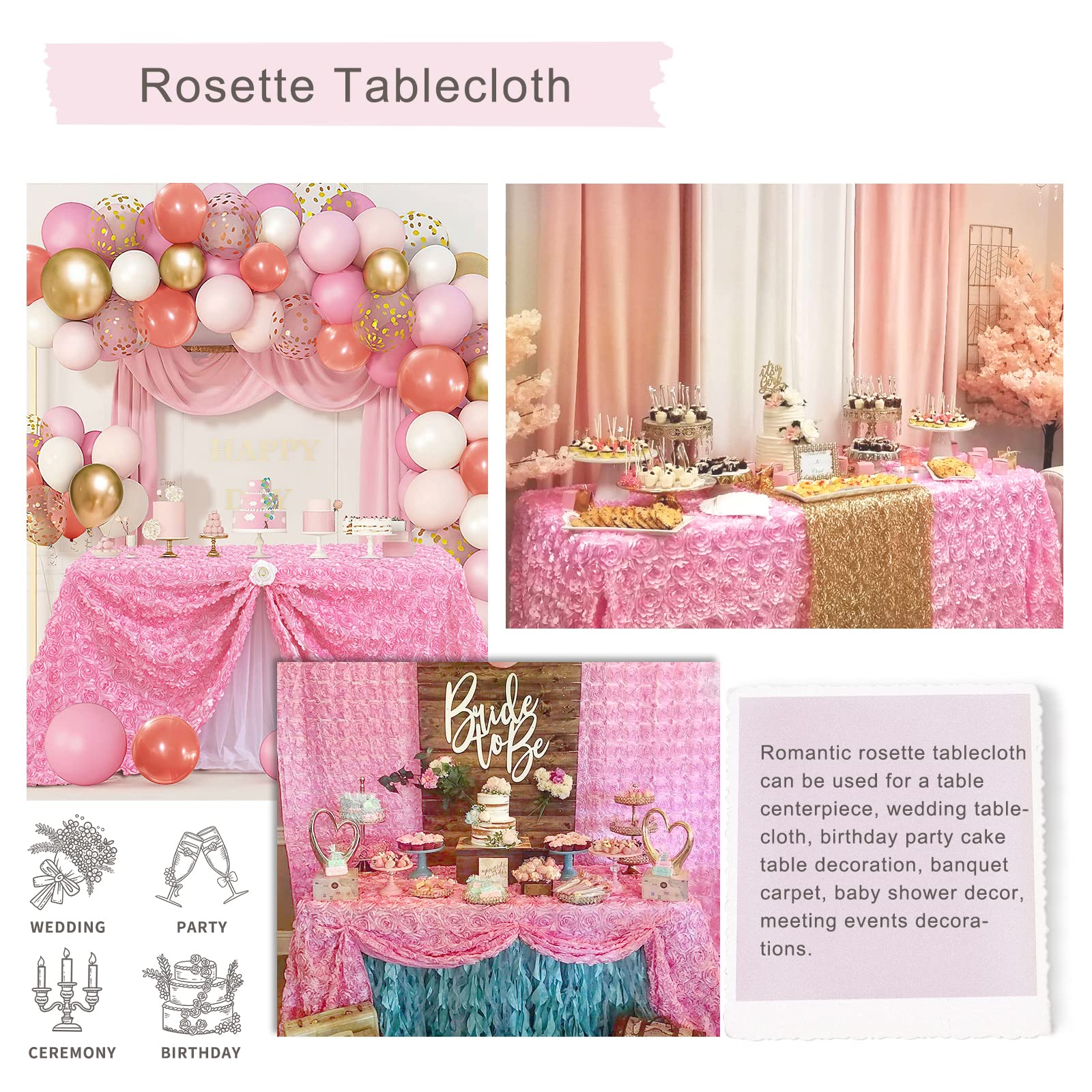 Fanqisi Pink Rosette Tablecloth 50X80 Inches Wholesale Rectangle Table Cover Rosette 3D Satin Tablecloth For Dinner Wedding Birt