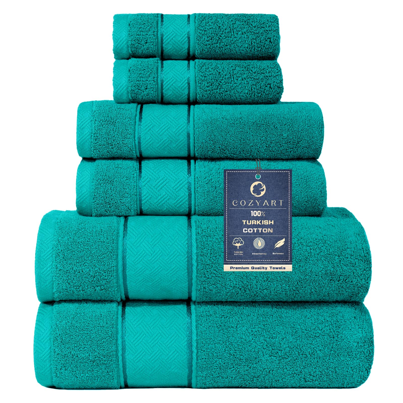 Cozyart Teal Bath Towels Set 6 Piece, Luxury 100% Turkish Cotton 650Gsm Hotel Quality, Soft, Absorbent,Towel Sets For Bathroom |