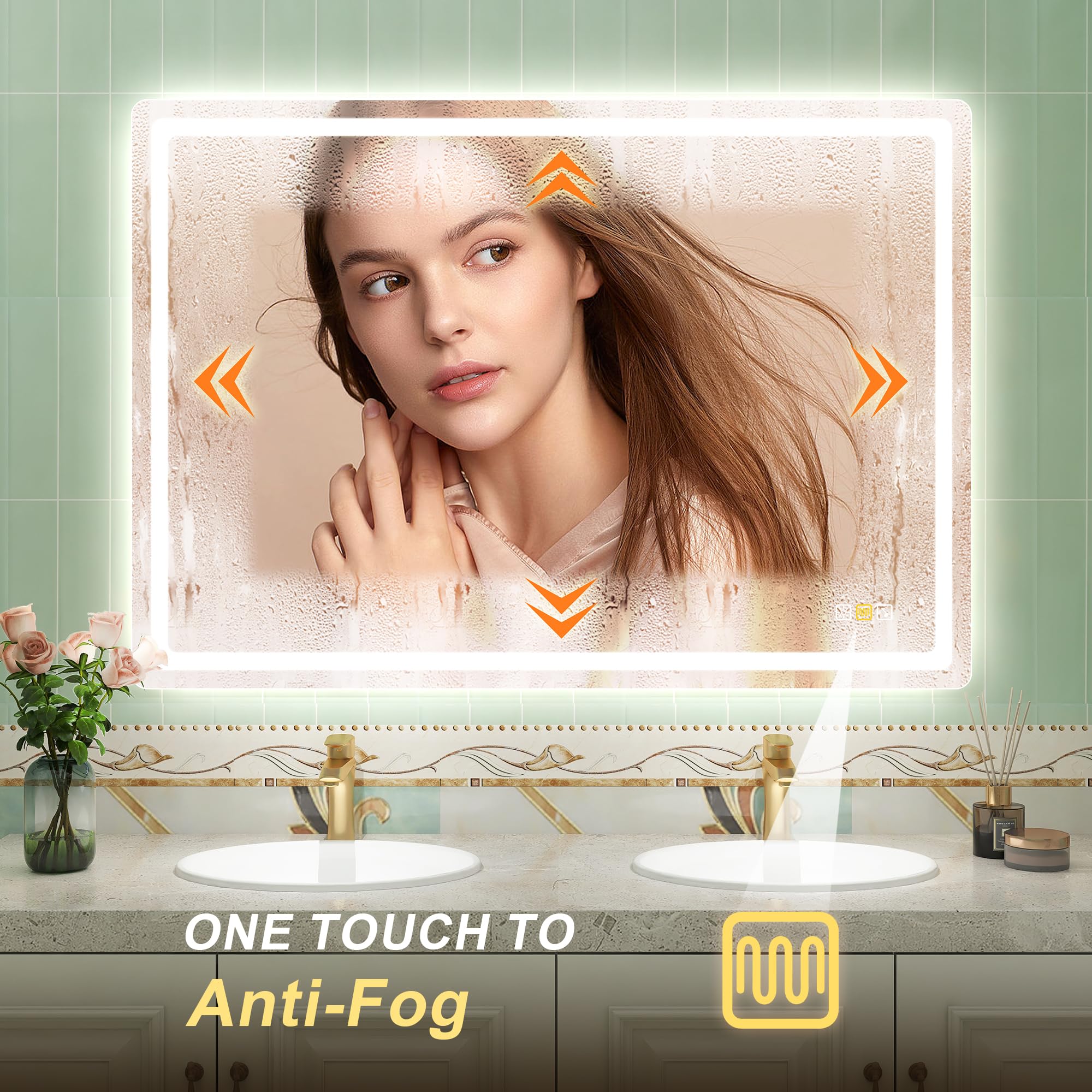 Led-Bathroom-Mirror-With-Lights, 40''X28'' Wall-Mounted With 3 Colors Dimmable Light, Bluetooth Speaker, Anti-Fog, Memory, Tempe