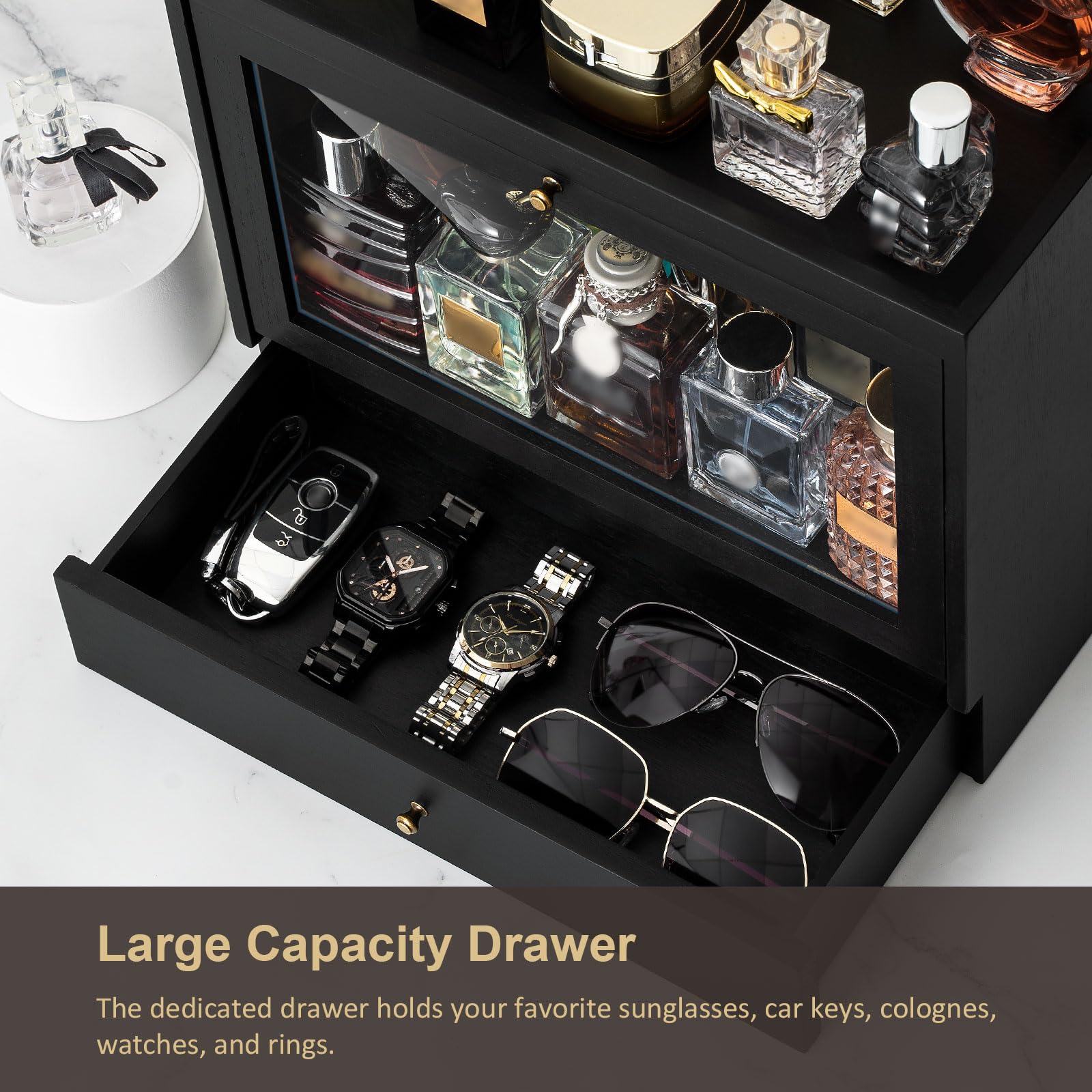 Emfogo Cologne Organizer for Men, Solid Wood Perfumes Organizer for Men Dresser, Large Capacity Dustproof Cologne Holder with Dr
