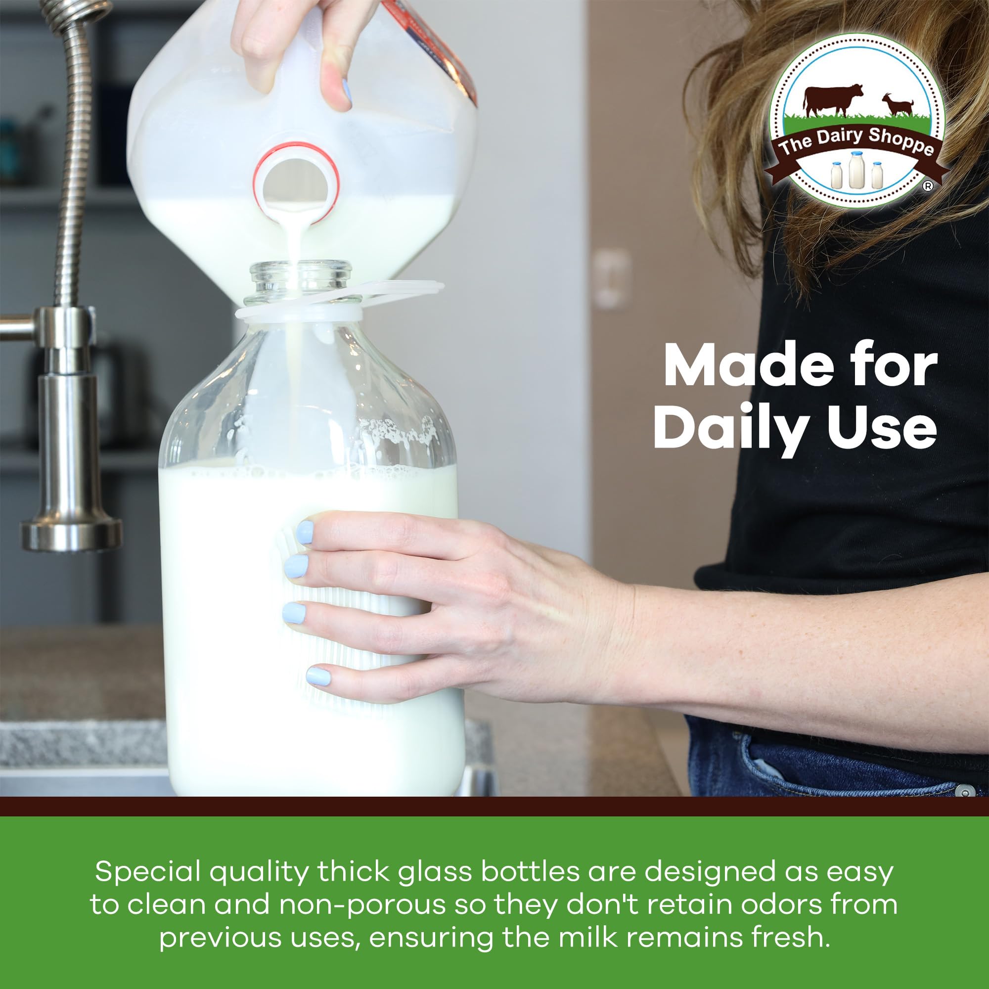 The Dairy Shoppe Heavy Glass Milk Bottle - Jug With Lid And Silicone Pour Spout - Clear Milk Container For Fridge - Reusable Gla