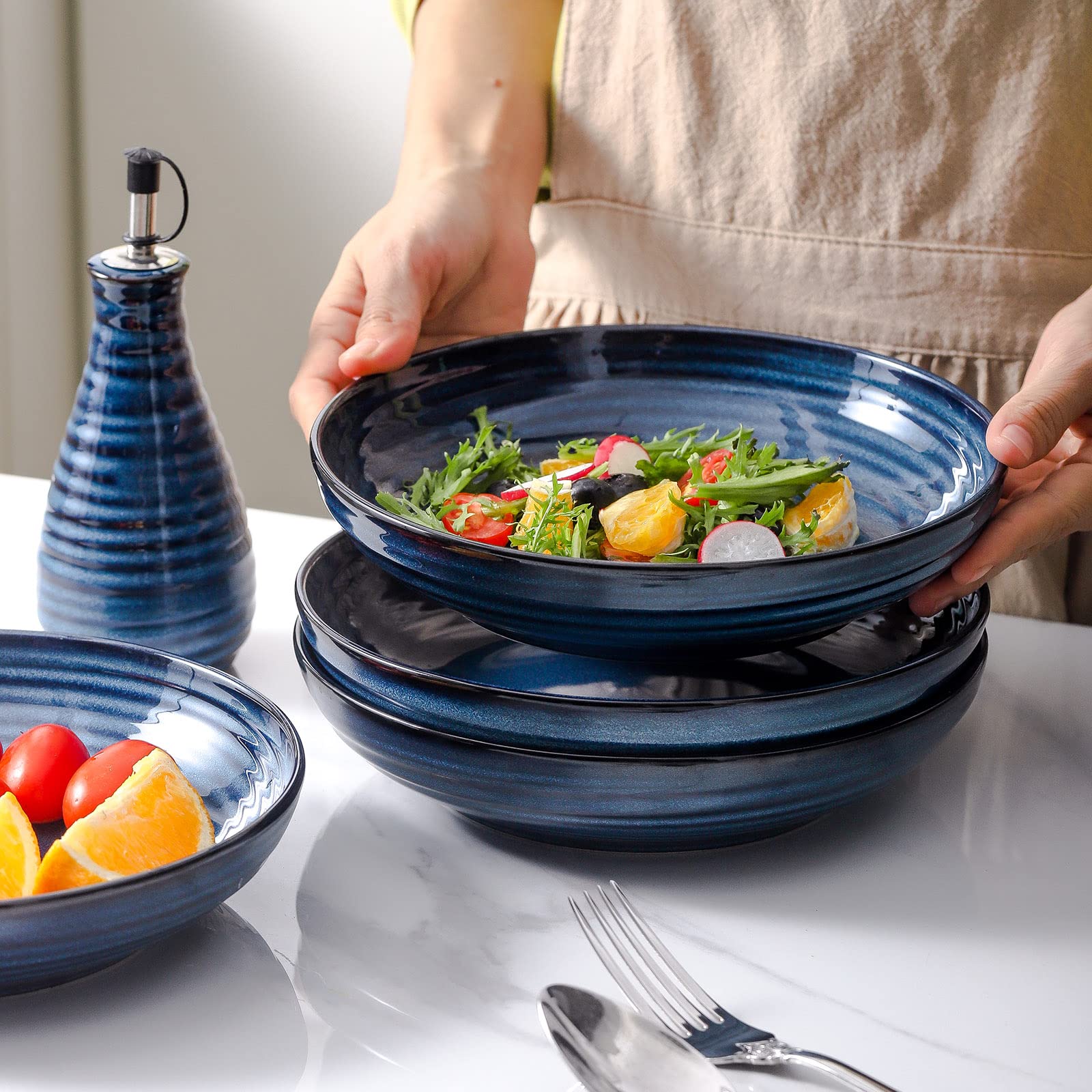 Hasense Ceramic Pasta Bowls Set Of 4, 32 Ounce Salad Serving Bowls For Kitchen, 8.7 Inch Large Shallow Bowls For Pasta Salad Din