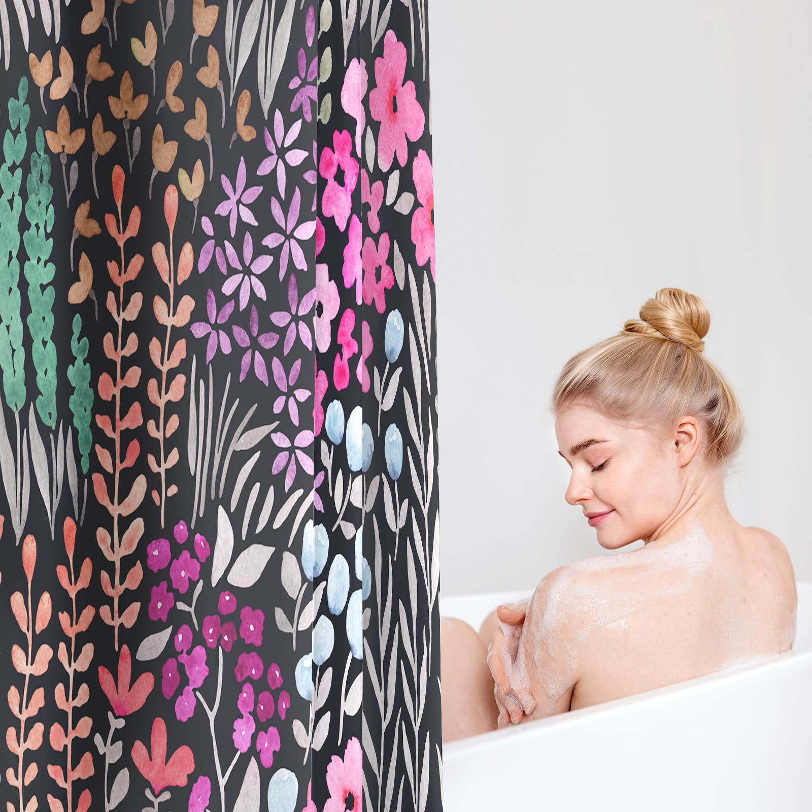 Mayzus Small Stall Shower Curtain 36 X 72 Inch, Half Narrow Cute Floral Shower Curtain For Bathroom, Black Hot Pink Wildflower B