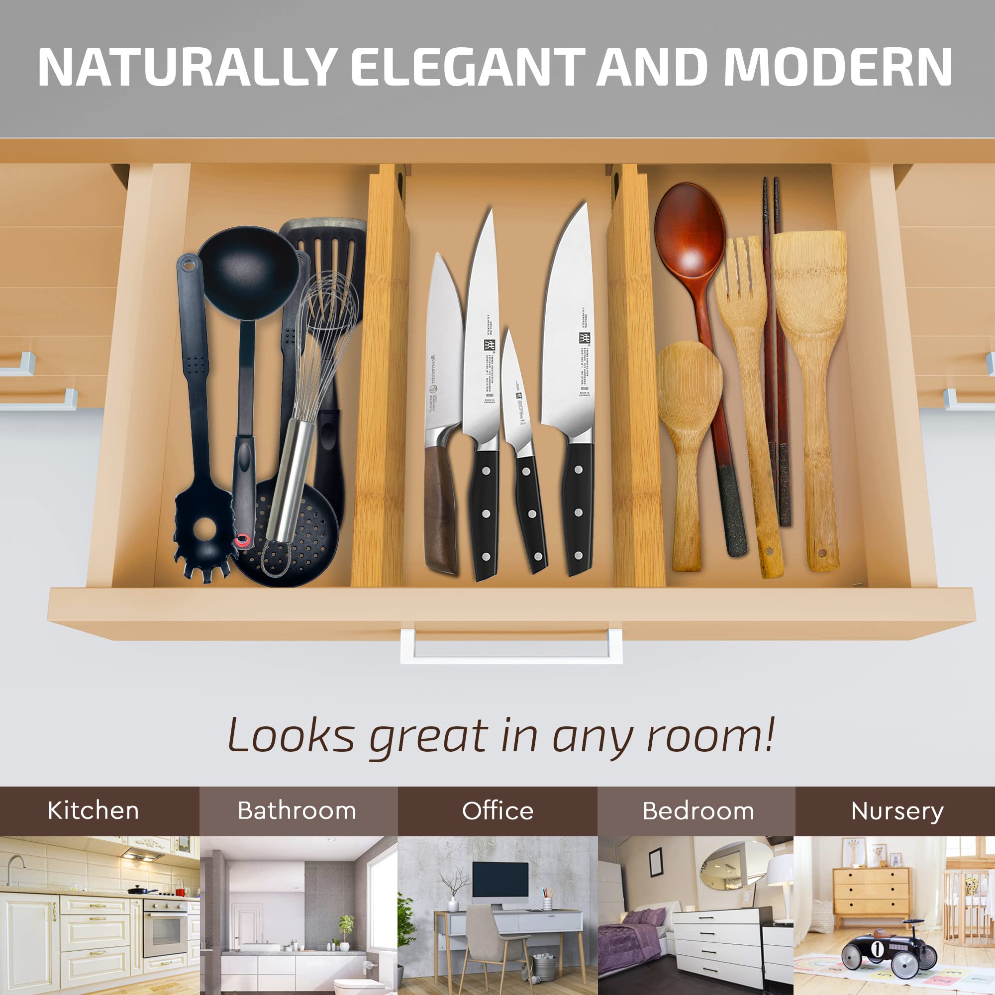 Bambsi 4 Pack Drawer Divider - Bamboo 2.6'' High, 12.5-17'' Adjustable Drawer Organizers for Clothes, Expandable Dresser Separat