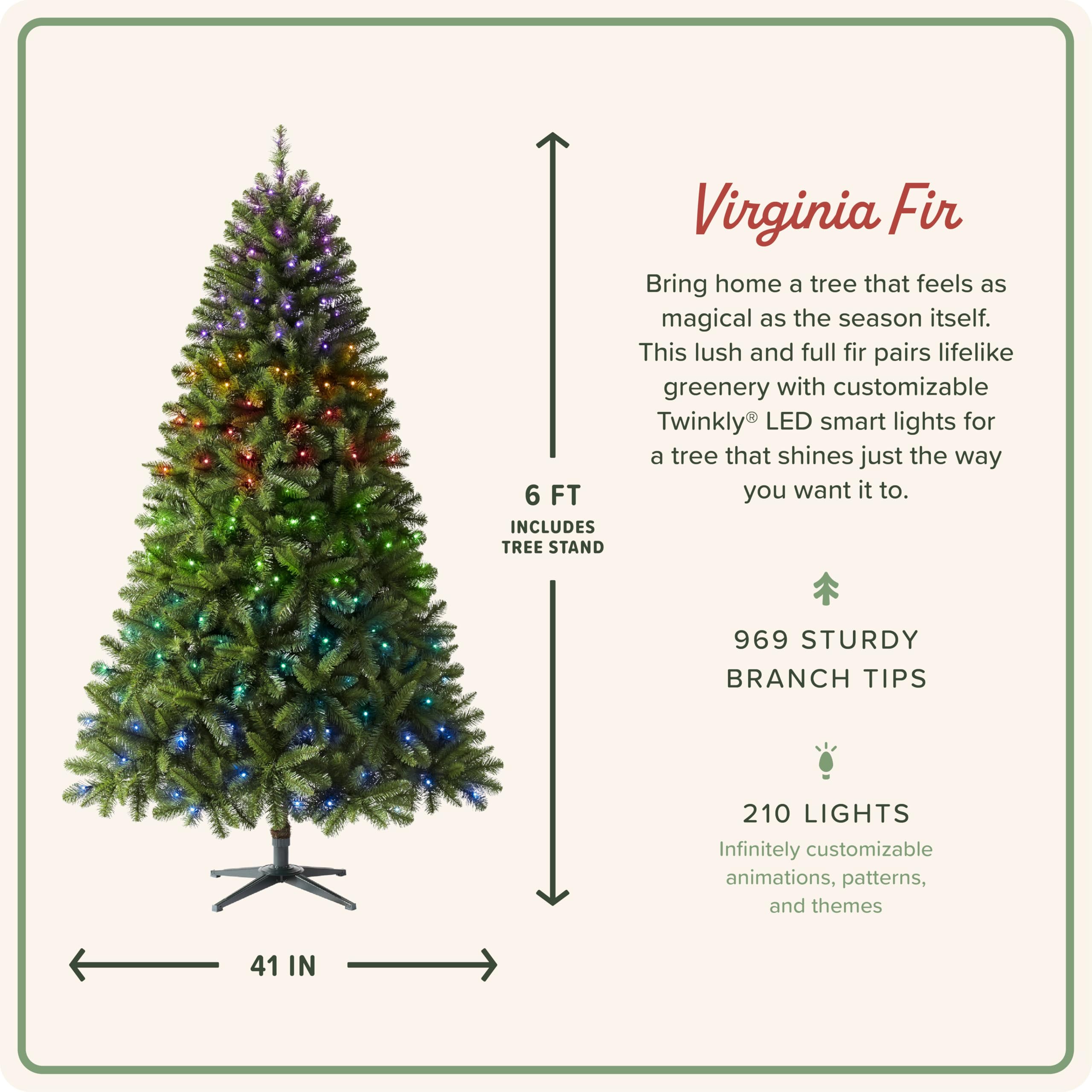Treetopia Virginia Fir - Artificial Indoor Christmas Tree, Hinge Branches, Holiday Decor, Twinkly, 6ft