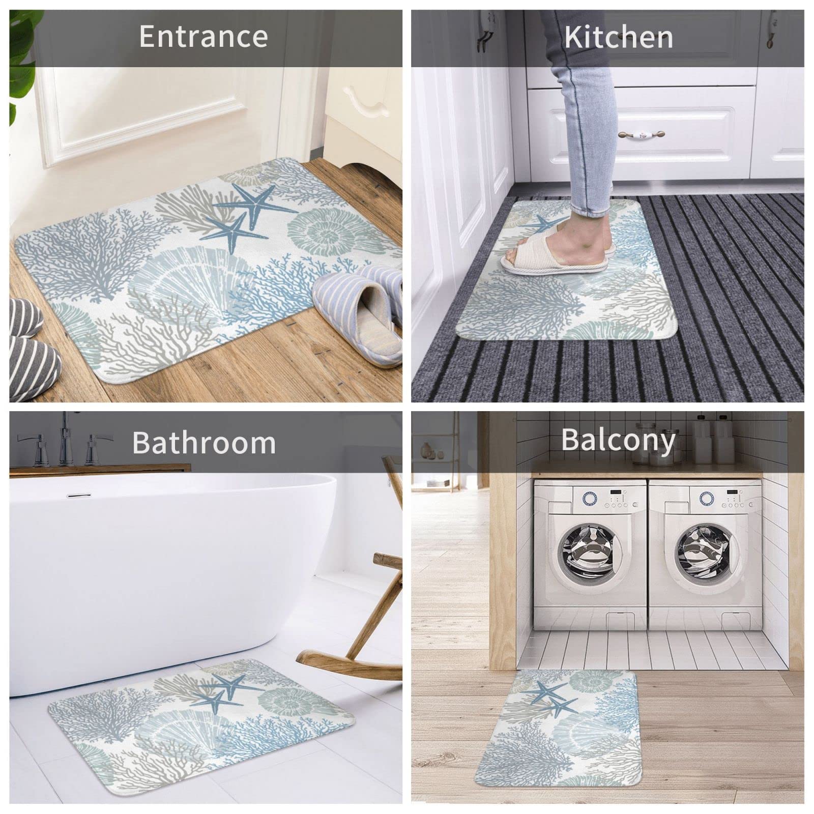 Coastal Beach Bath Mats For Bathroom Decor, Seashells Starfish Absorbent Bath Rug Non-Slip Floor Rug Carpets For Kitchen Bathroo