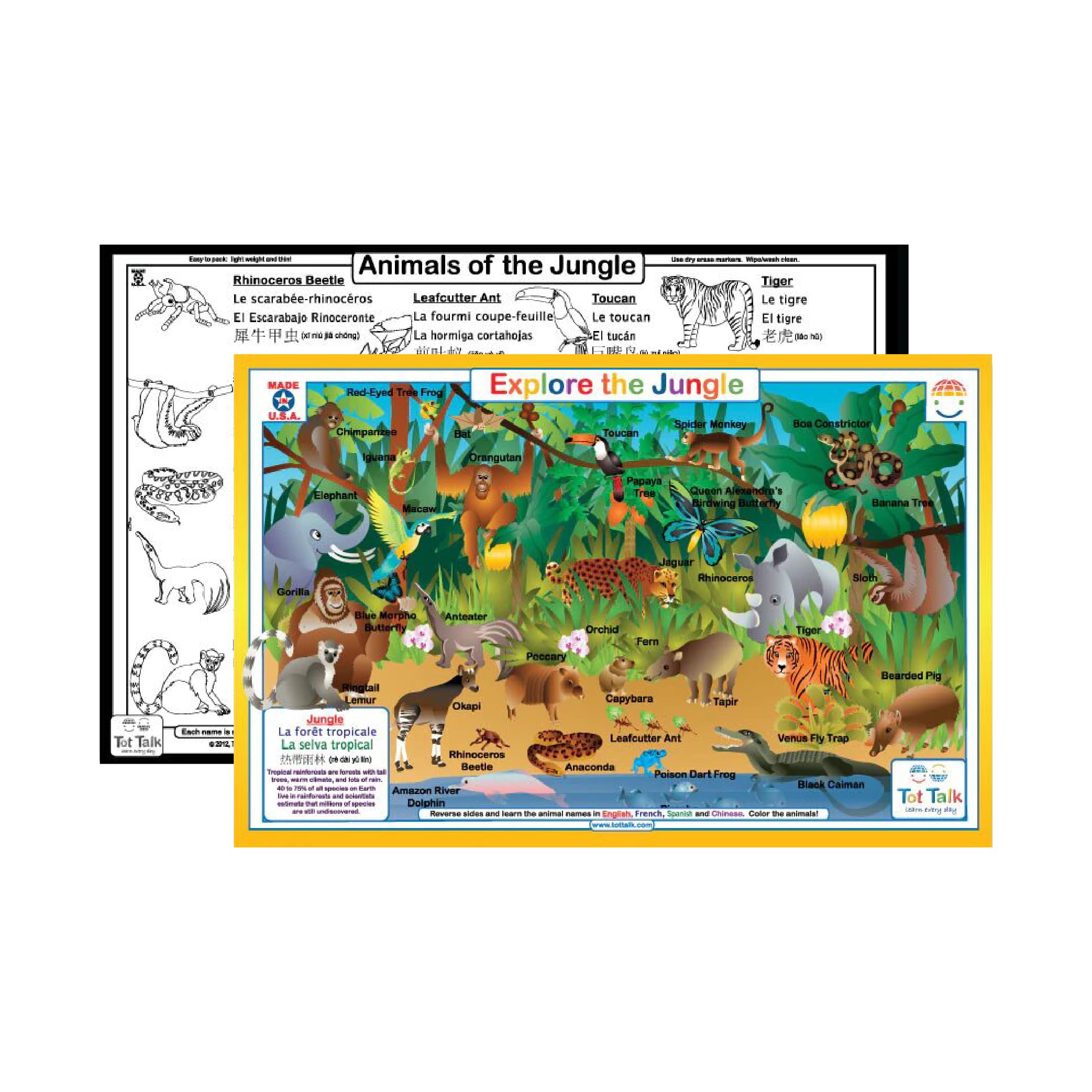 Tot Talk Explore The Jungle Educational Placemat for Kids - Made in USA - Durable, Double-Sided, Jungle Placemat with Animal Fac
