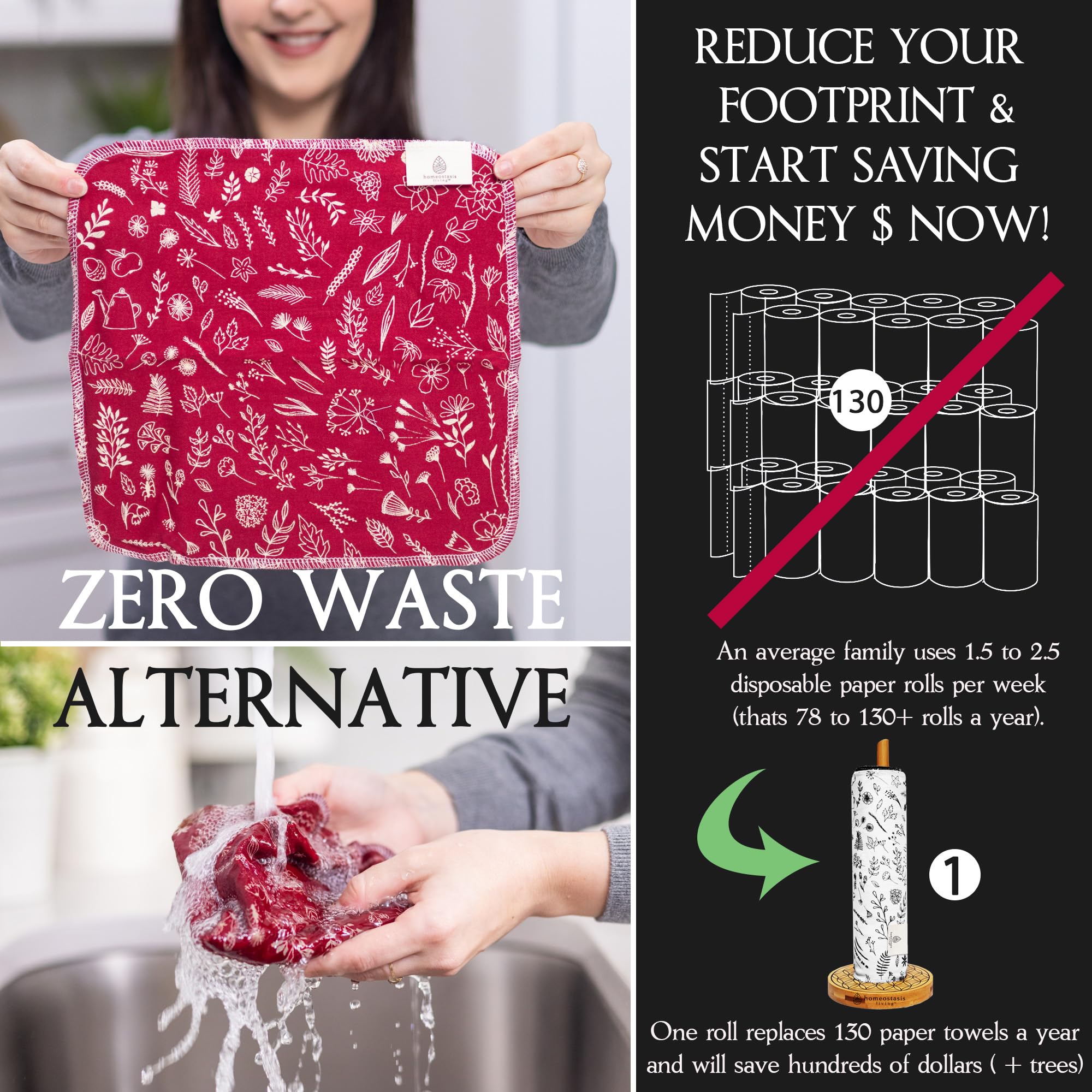 Homeostasis Living Reusable Paper Towels With Wash Bag | Charcoal Black 12 X Washable Eco Friendly Paperless Paper Towels Napkin