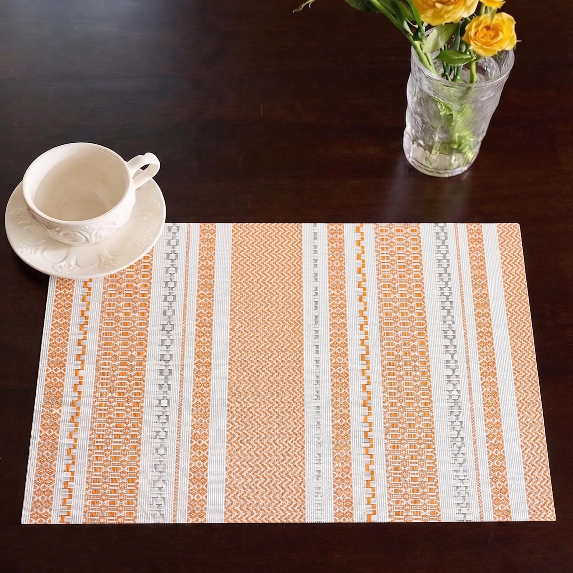 FAVE Boho Vinyl Placemats Set of 4, Durable Woven Place Mats Washable Heat Resistant PVC Table Mats for Parties,Weddings, Dining