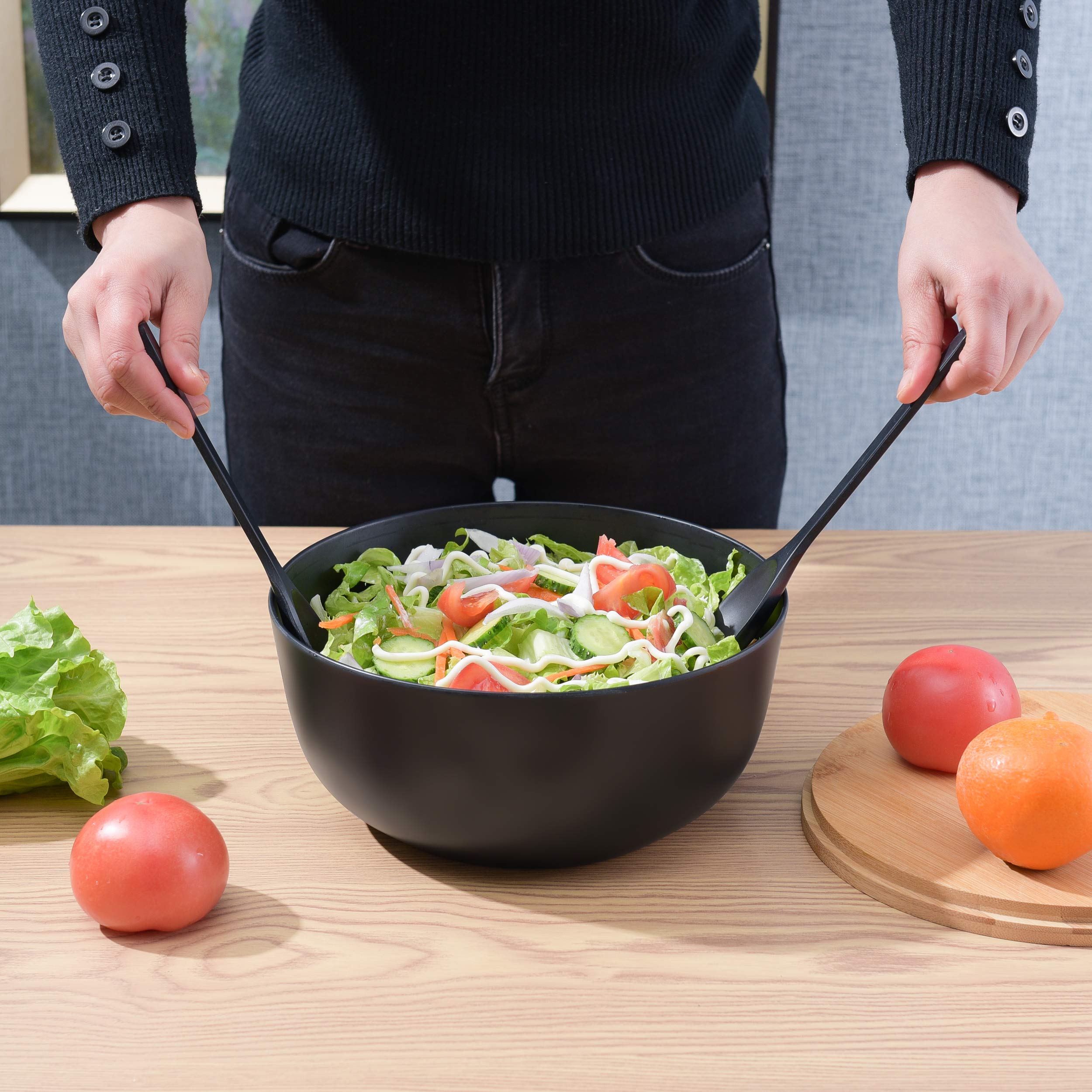 Gehe Bamboo Fiber Salad Bowl With Servers Set - Large 9.8 Inches Mixing Bowls Solid Bamboo Salad Wooden Bowl With Bamboo Lid Spo