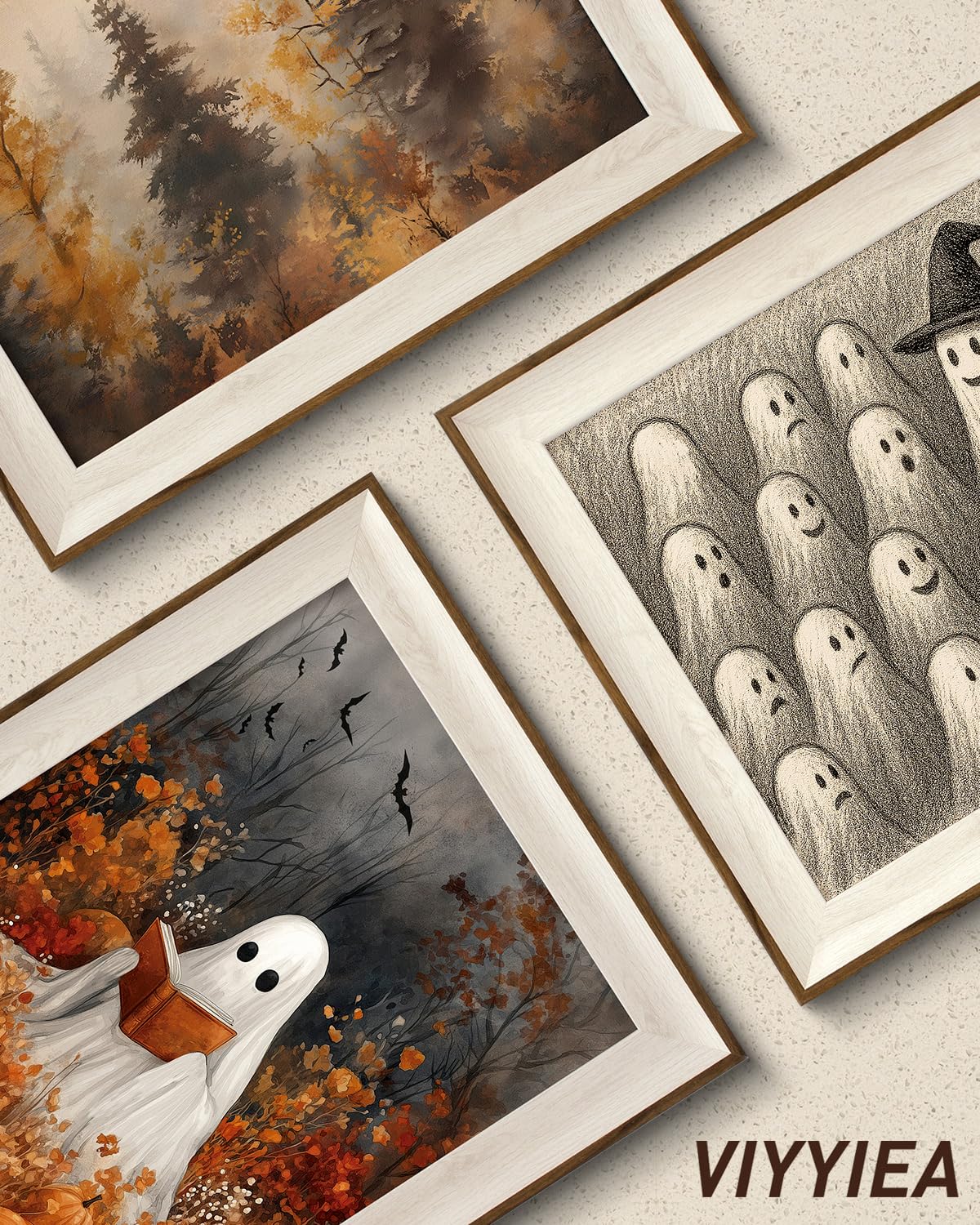 VIYYIEA Framed Wall Art for Living Room, Reading Ghost Canvas Prints, Autumn Home Decor, Halloween Painting Picture, Bathroom Wa