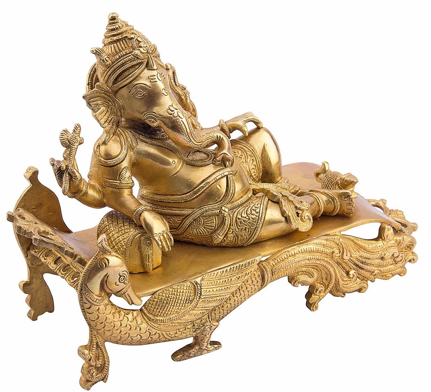 Artvarko Large Size Brass Ganesh Bhagwan Idol Resting Position Virajman On Designer Peacock Couch Ganesha Ganapati Ganpati Puja