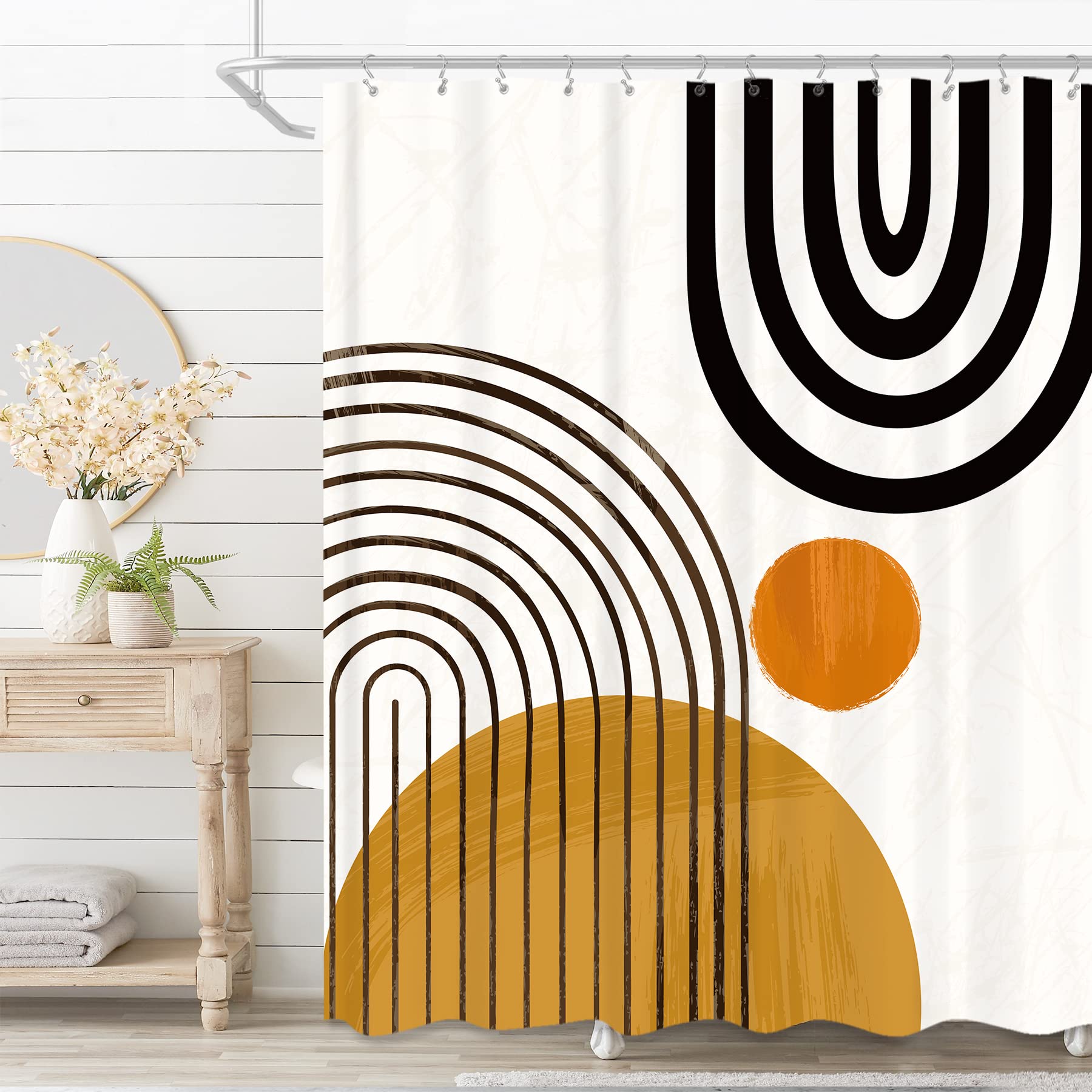 Komllex Abstract Mid Century Shower Curtain For Bathroom Accessories 60Wx72H Inch Modern Cute Contemporary Sun Minimalistic Semi