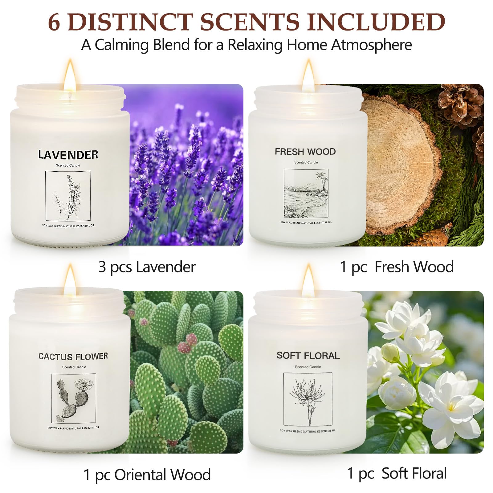 Scented Candle Gift Set, 6 Pack Lavender & Fresh Wood Soy Candles for Home, Long Lasting Aromatherapy Candles for Relaxation, Ho