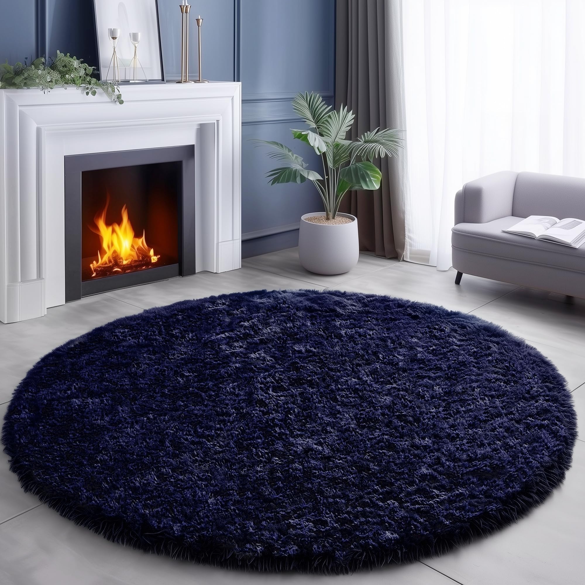 Dark Navy Round Rug 6Ft for Living Room Boys Bedroom, Fluffy Furry Fuzzy Plush Circle Area Rugs for Kids Room Decor Aesthetic, I