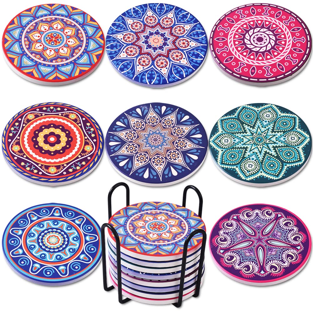 Newk Coasters For Drinks, Set Of 8 Ceramic Absorbent Coasters With Metal Holder, Mandala Coasters For Coffee Table, Great Housew