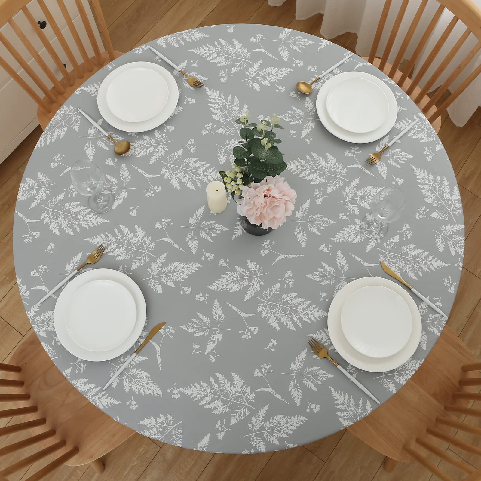 Round Vinyl Fitted Tablecloth With Flannel Backing Elastic Table Cloth Waterproof Oil-Proof Plastic Table Cover