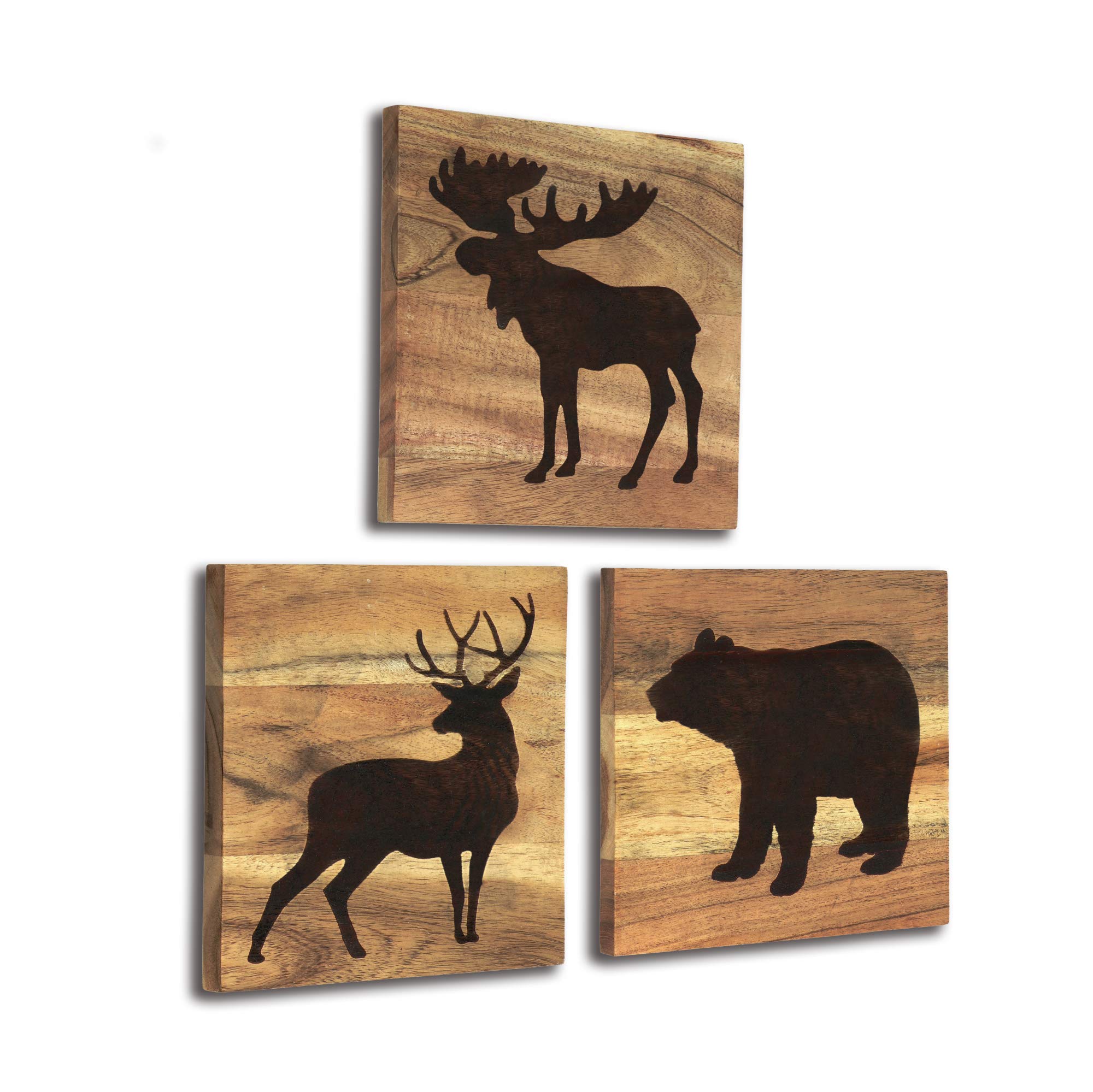 HomeRustique Real Wooden Cabin Decor with Bear, Deer and Moose (Set of 3) - Woodland Rustic Wall Decoration for Home, Log Cabin,