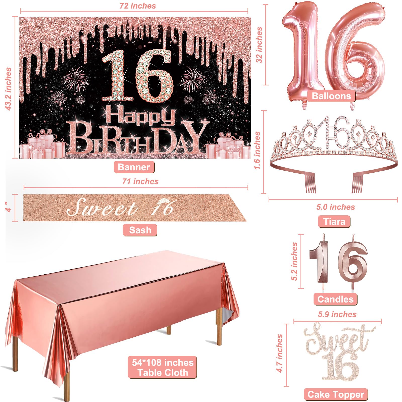 Sweet 16 Birthday Decorations For Girls, Including 16Th Birthday Banner, Rose Gold Tablecloth, Number Balloons, Sash And Tiara,