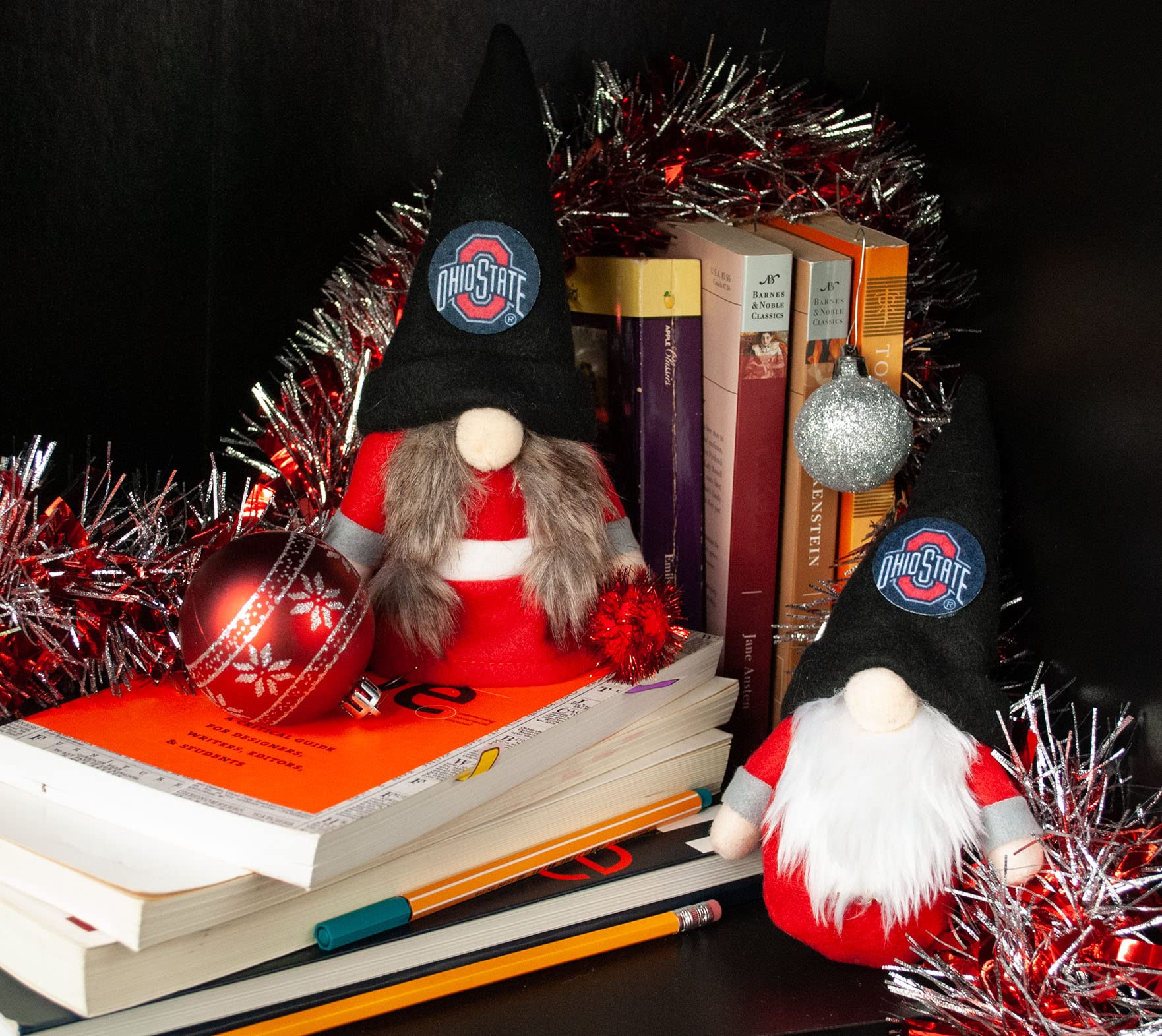 University Ohio Buckeyes Set of 2 Plush Gnome Christmas Tree Ornaments by Hannas Handiworks - Fan/Cheerleader Holiday/Dorm Decor