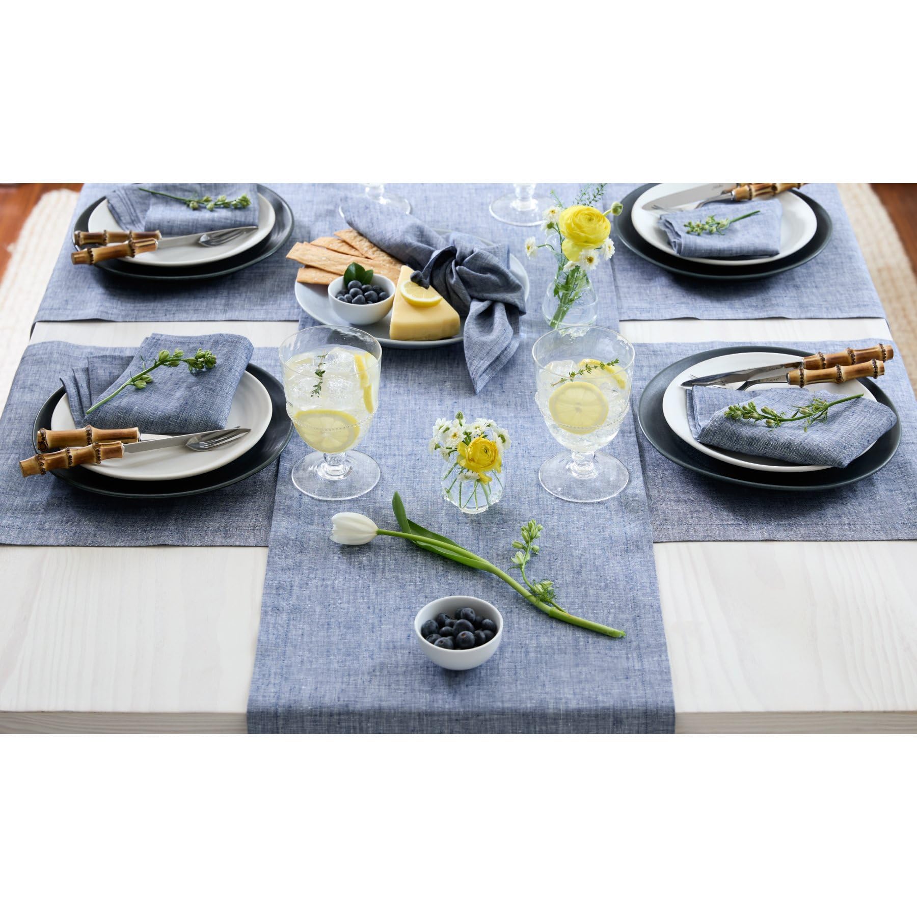 Solino Home Linen Table Runner 60 Inches Long - 100% Pure Linen Chambray Indigo Table Runner 14 X 60 Inch - Machine Washable Din