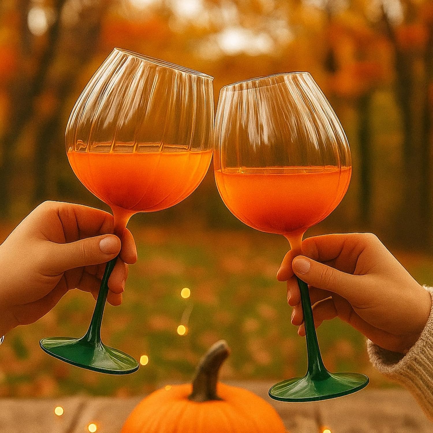 Khen Pumpkin Wine Glasses Fall Inspired Lightweight - Set of 2 Orange & Green
