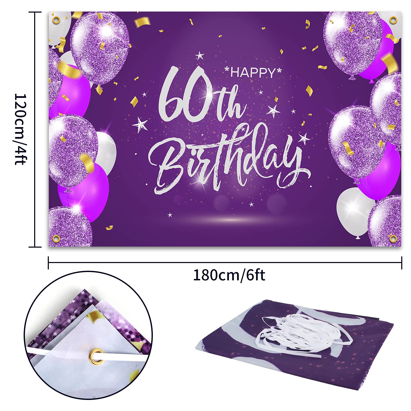 Hamigar 6X4Ft Happy 60Th Birthday Banner Backdrop - 60 Years Old Birthday Decorations Party Supplies For Women - Purple