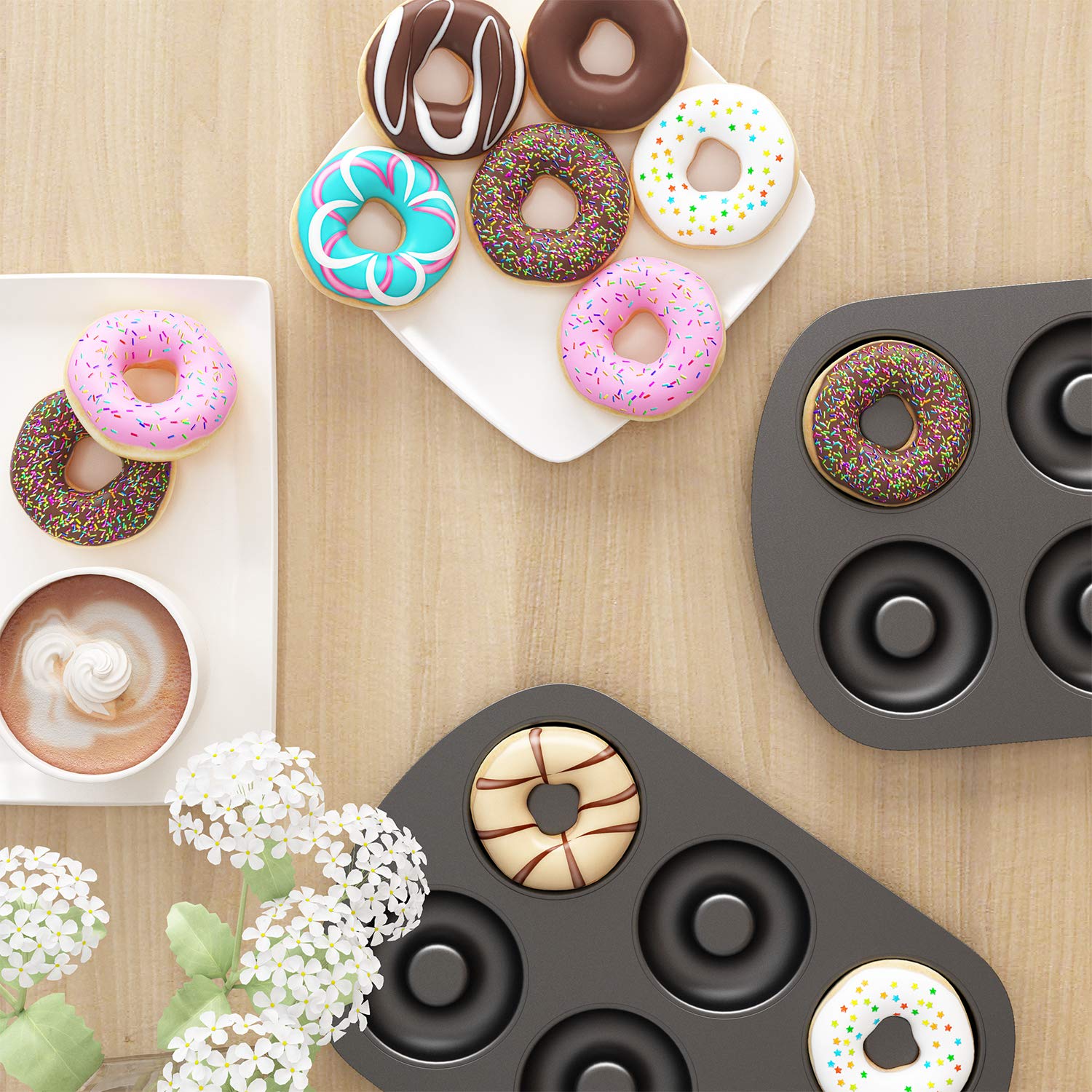 Tiawudi Non-Stick 6-Cavity Donut Baking Pans, Makes Individual Full-Sized 3 1/4'' Donuts, Set Of 2