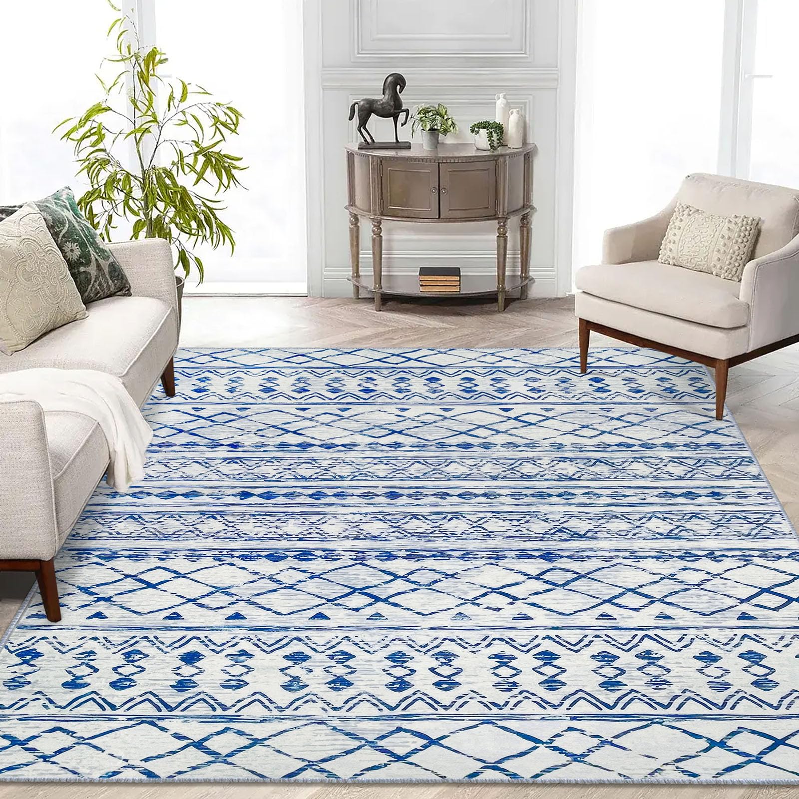 KUTA Area Rug 5x7, Moroccan Large Blue White Area Rug Washable Boho Area Rug Non-Slip, Ultra Soft Geometric Traditional Farmhous