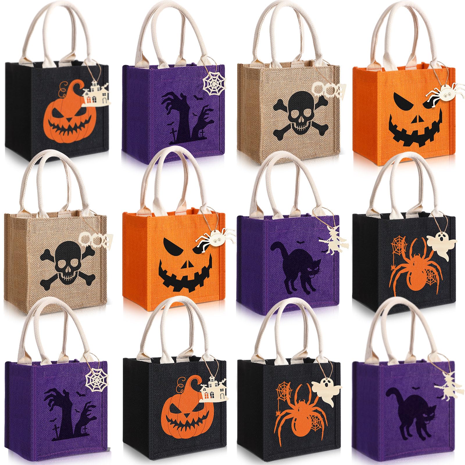 Sweetude 12 Pack Christmas Linen Burlap Bags with Tags Christmas Tote Bags with Handles Plaid Xmas Tree Santa Gingerbread Man Sn