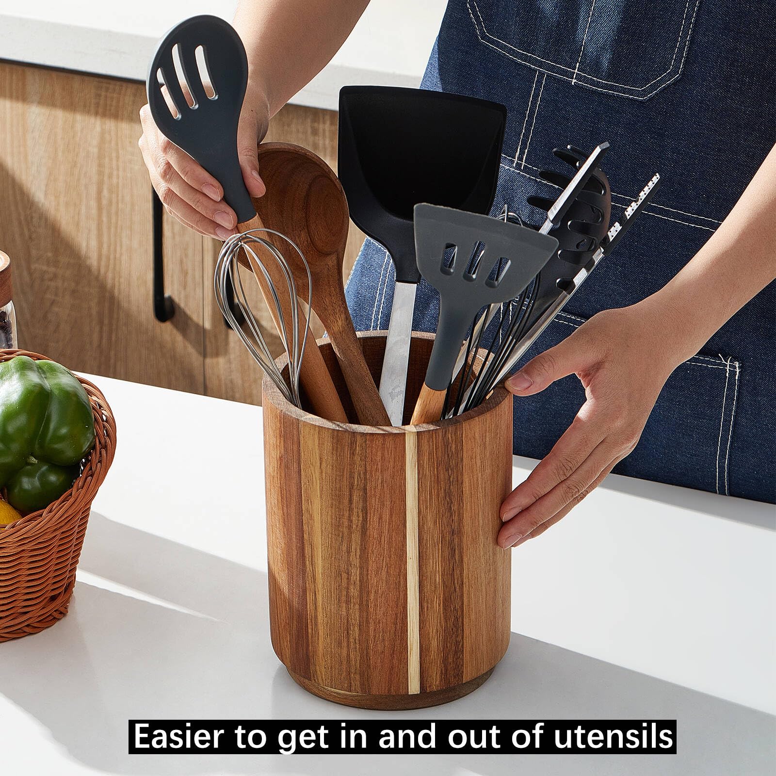 Lohoner Acacia Wood Utensil Holder For Kitchen Counter, 360 Rotating 7.2'' Large Cooking Utensil Holder, Kitchen Utensil Storage