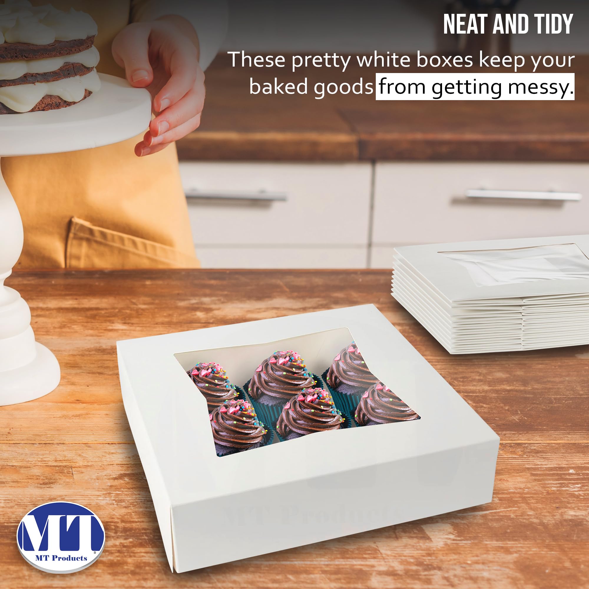 Mt Products White Cookie Boxes - Size Of 8'' X 8'' X 2.5'' - (Pack Of 25) Auto Pop-Up Bakery Boxes With Window - Made In The Usa