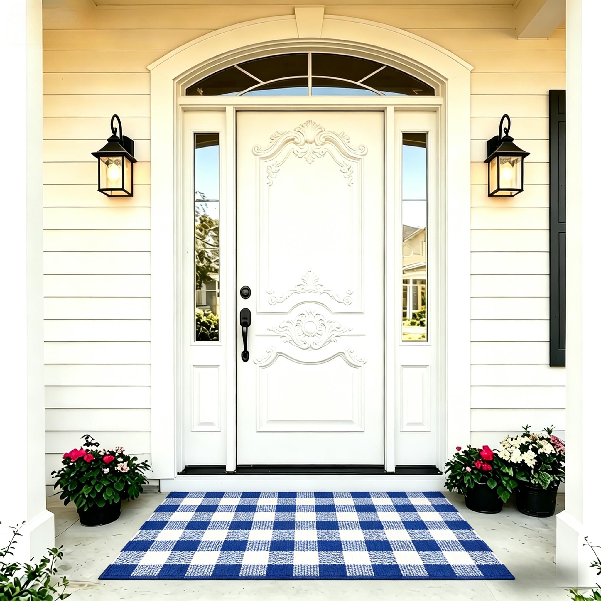 SEEKSEE Buffalo Plaid Outdoor Rug 3 x 5 Blue and White Front Door Mat, Layering Rug for Porch, Summer Doormat, Front Porch Rug