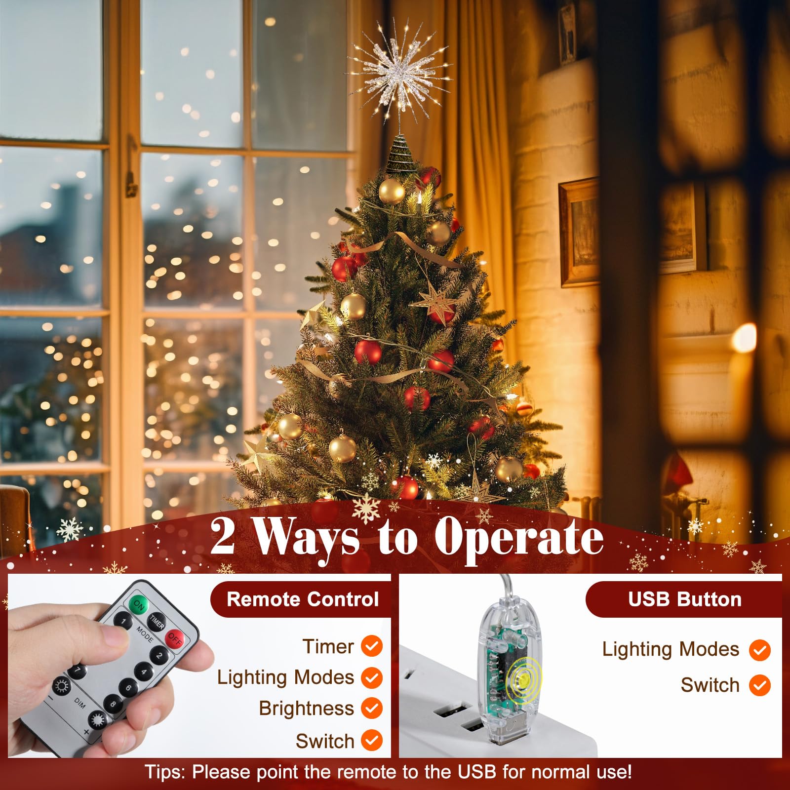 Lewondr Christmas Snowflake Tree Topper, 12.2in Xmas Tree Topper with Glittered Epoxy & 30 LED Bulbs, Remote&USB Powered Snowfla