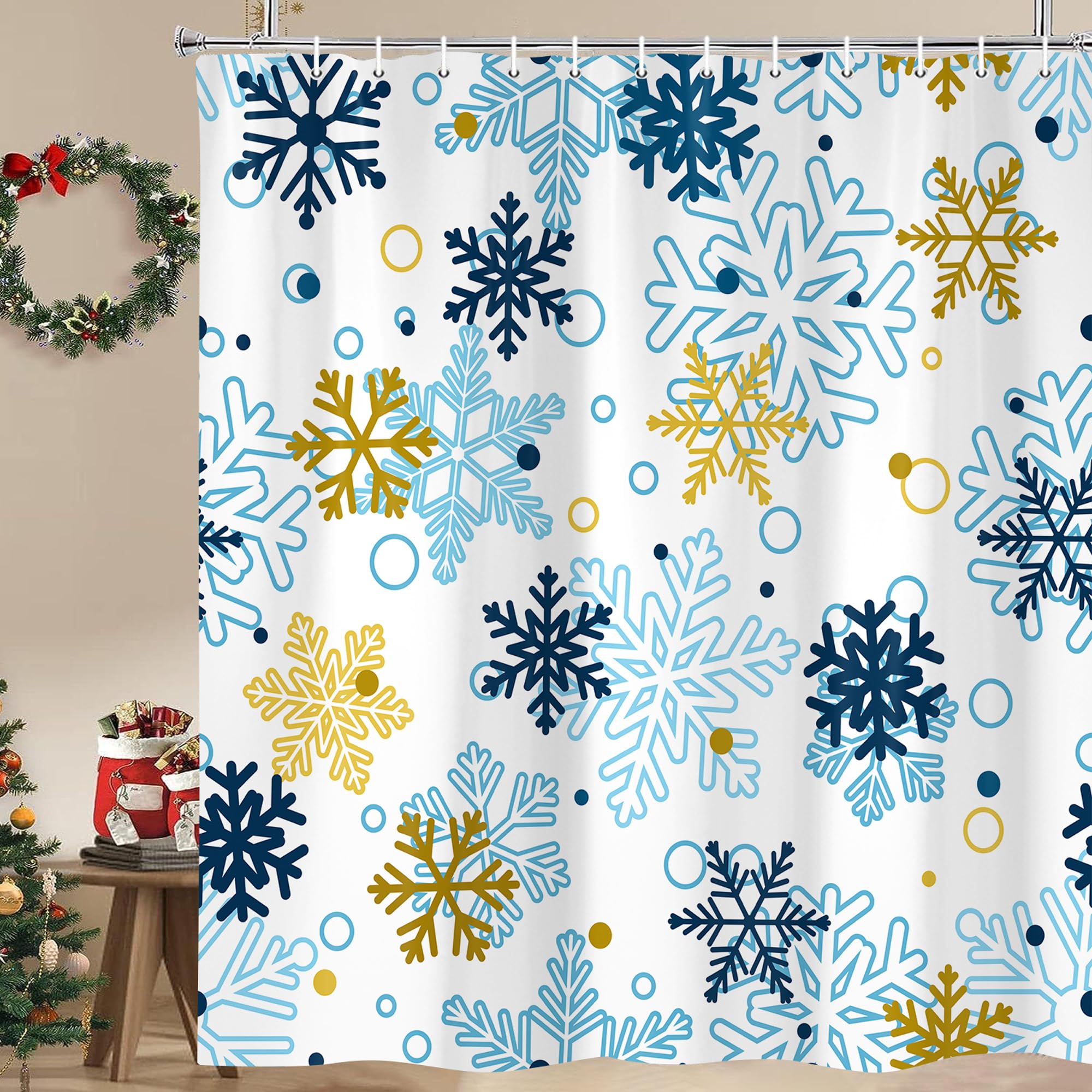 Paopoed Blue Winter Snowflake Shower Curtain, Winter Christmas Merry Xmas Funny Outside Hoilday Pattern Bathroom Decor, Waterpro