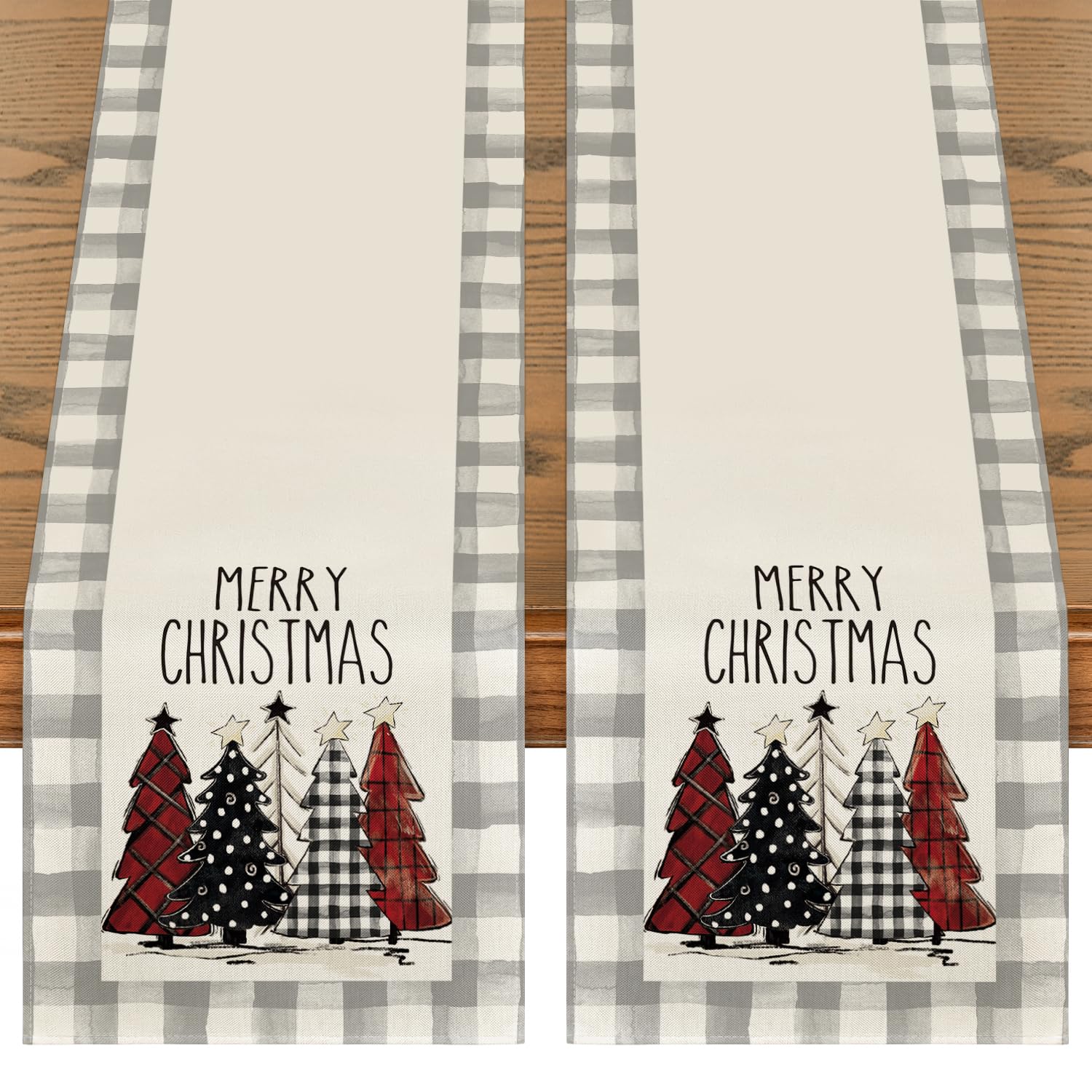 Artoid Mode Grey Buffalo Plaid Xmas Trees 2Pcs Merry Christmas Table Runner, Seasonal Winter Holiday Table Decoration For Home P