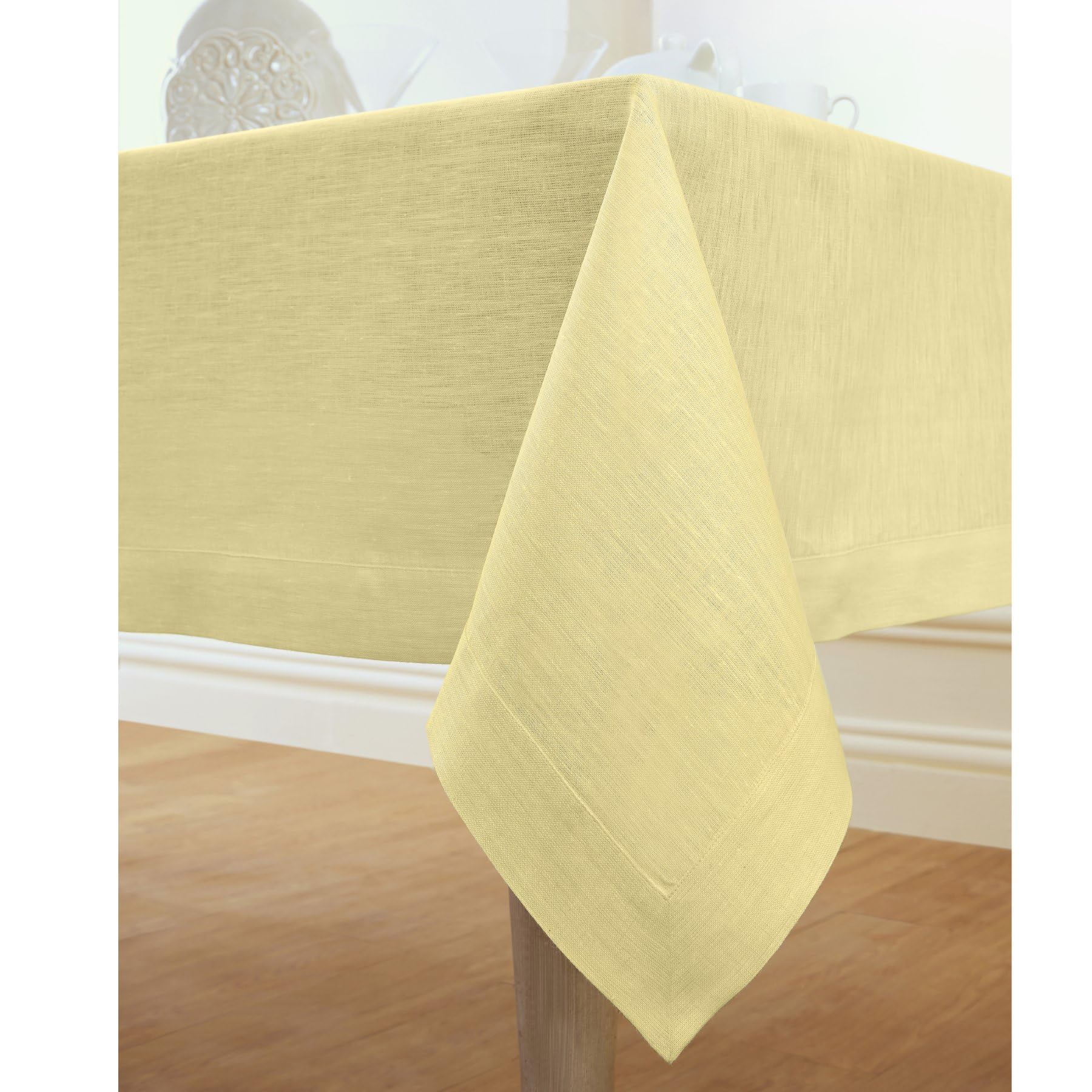 Solino Home Linen Tablecloth 120'' L X 60'' W Inch - 100% Pure Linen Chambray Yellow Table Cloth For Rectangle Tables - Athena,