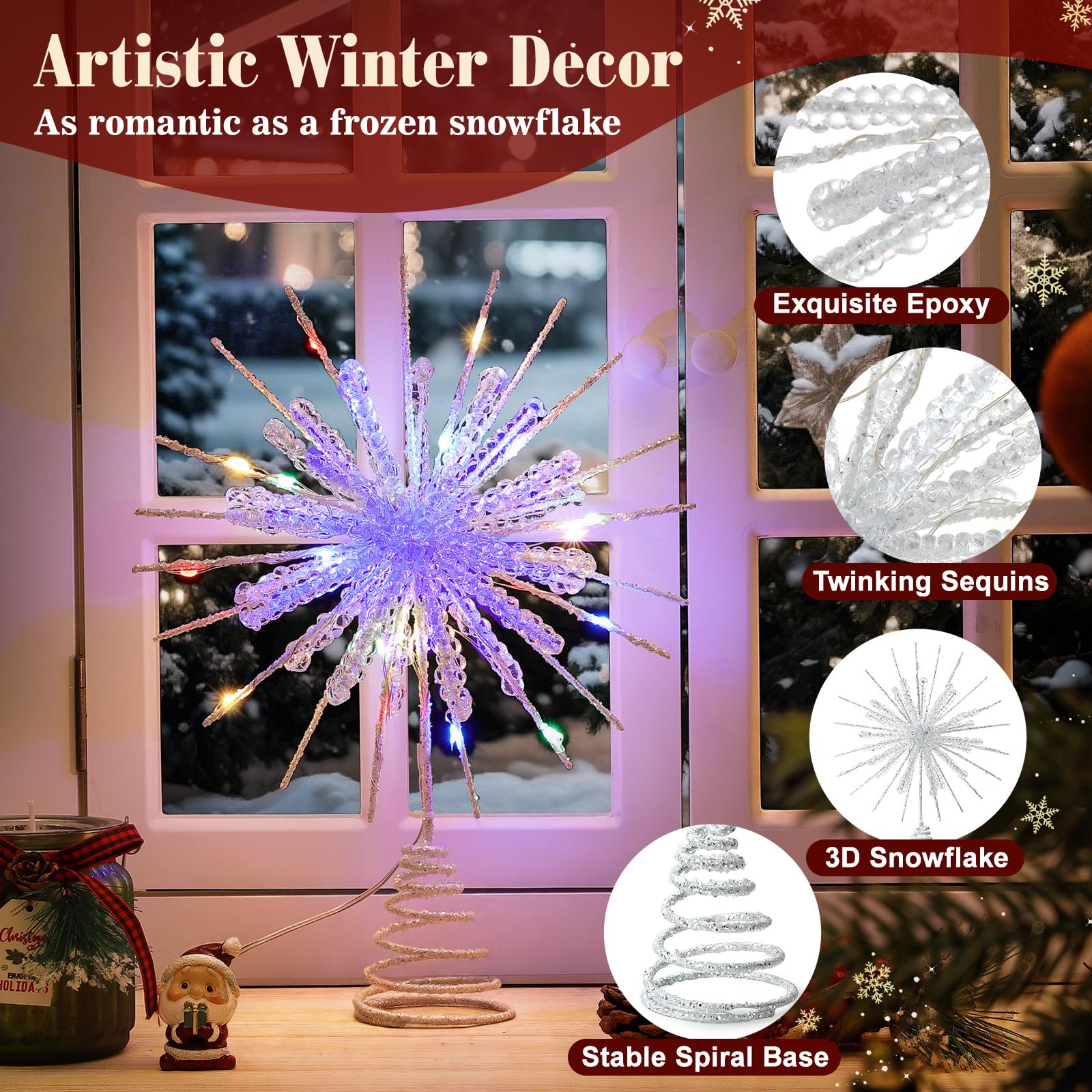 Lewondr Christmas Snowflake Tree Topper, 12.2in Xmas Tree Topper with Glittered Epoxy & 30 Colorful LED, Remote&USB Powered Snow