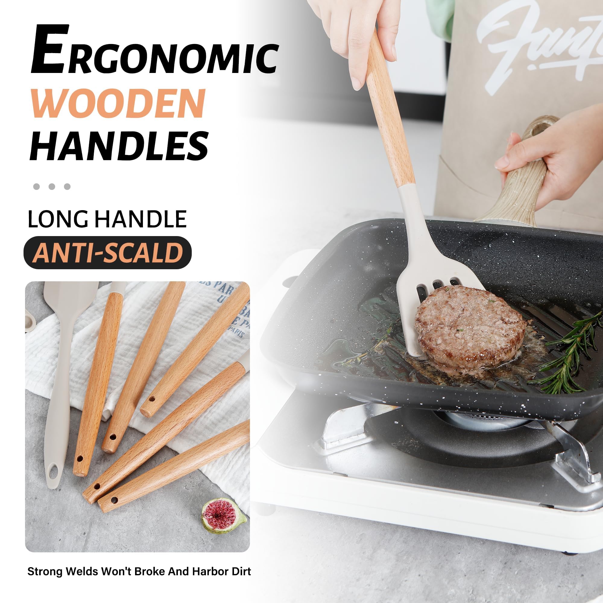 Hvygss 26 Pcs Kitchen Utensils Set With Holder, Large Silicone Cooking Utensils Set For Nonstick Cookware Wooden Handle Spatulas